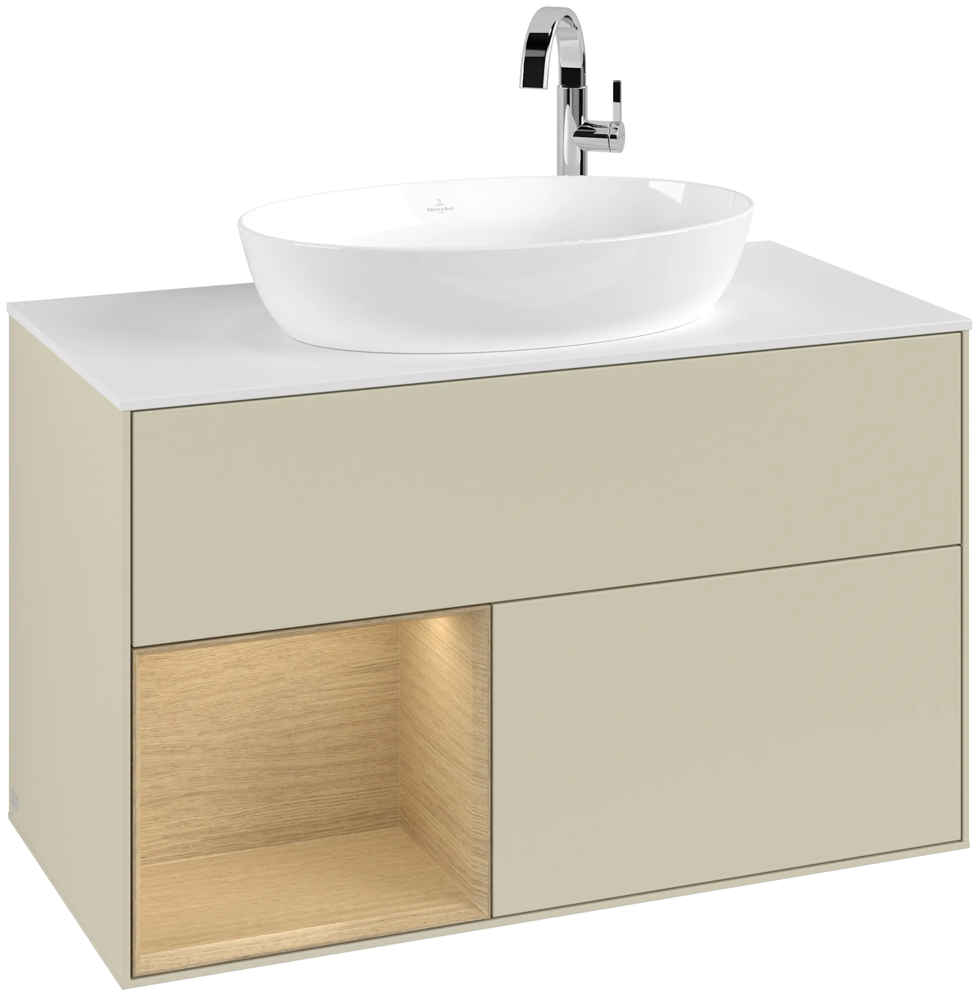Picture of VILLEROY BOCH Finion Vanity unit, with lighting, 2 pull-out compartments, 1000 x 603 x 501 mm, Silk Grey Matt Lacquer / Oak Veneer / Glass White Matt #G891PCHJ