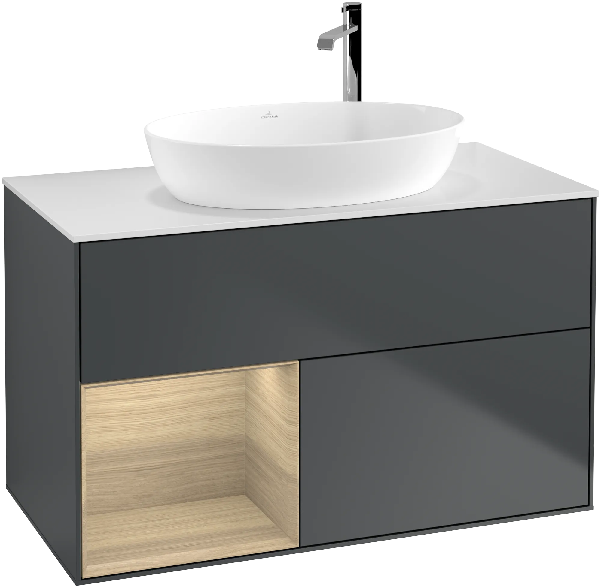 Picture of VILLEROY BOCH Finion Vanity unit, with lighting, 2 pull-out compartments, 1000 x 603 x 501 mm, Midnight Blue Matt Lacquer / Oak Veneer / Glass White Matt #G891PCHG