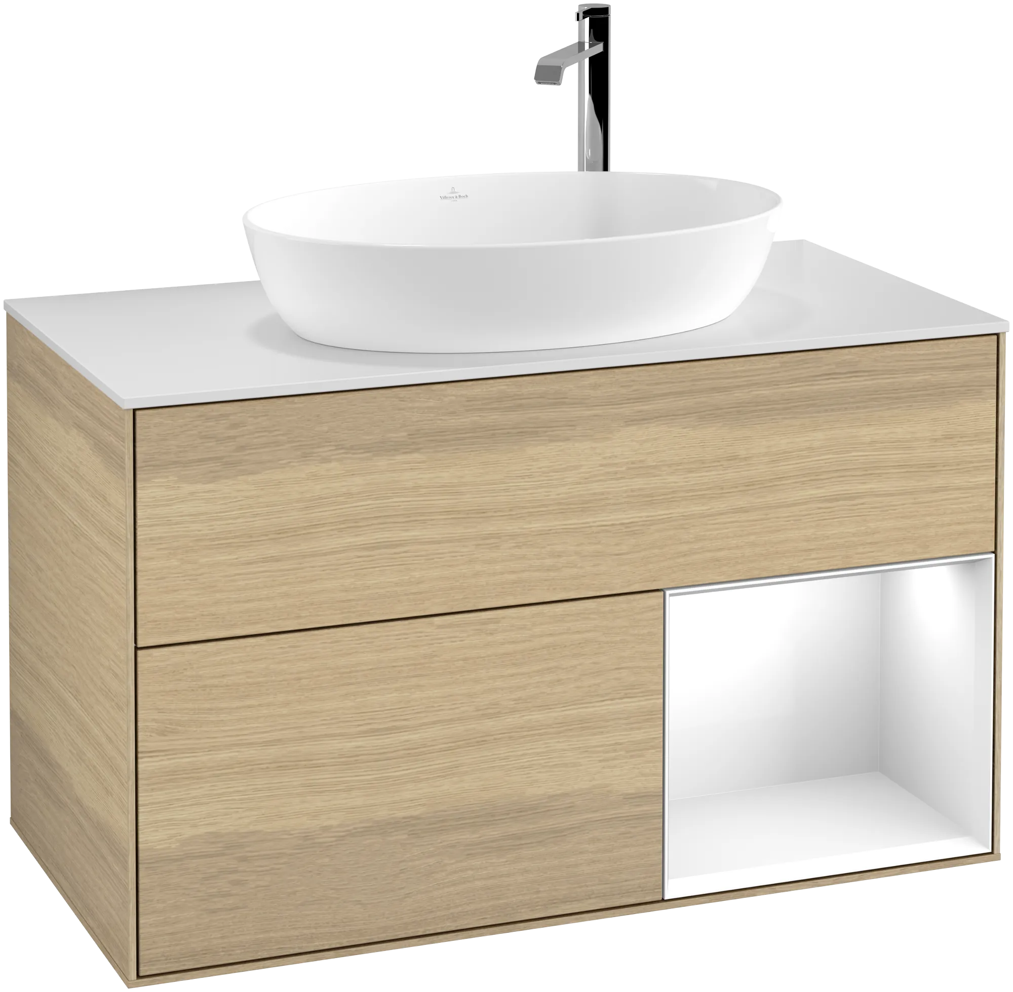 Picture of VILLEROY BOCH Finion Vanity unit, with lighting, 2 pull-out compartments, 1000 x 603 x 501 mm, Oak Veneer / Glossy White Lacquer / Glass White Matt #G901GFPC