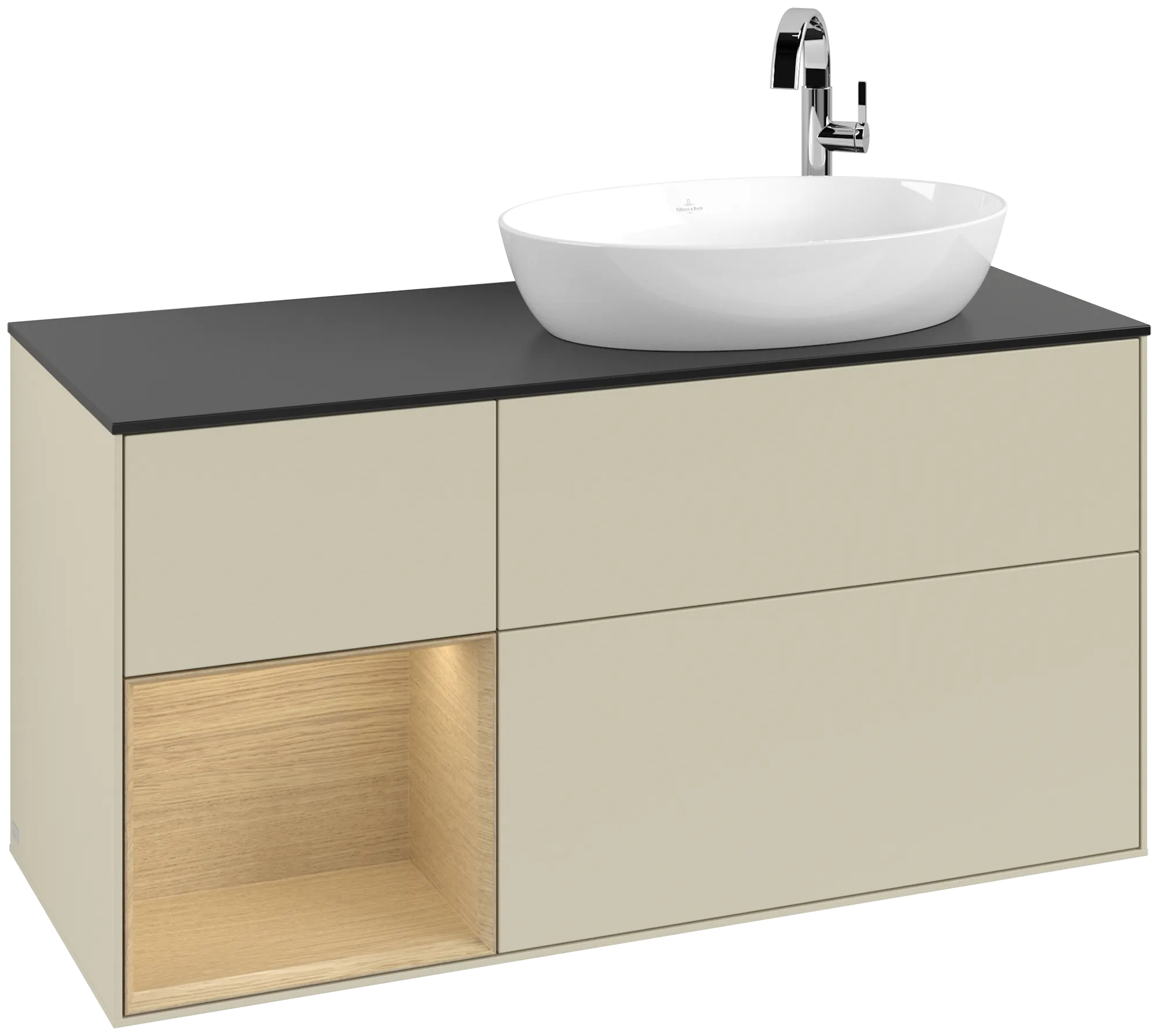 Picture of VILLEROY BOCH Finion Vanity unit, with lighting, 3 pull-out compartments, 1200 x 603 x 501 mm, Silk Grey Matt Lacquer / Oak Veneer / Glass Black Matt #G922PCHJ