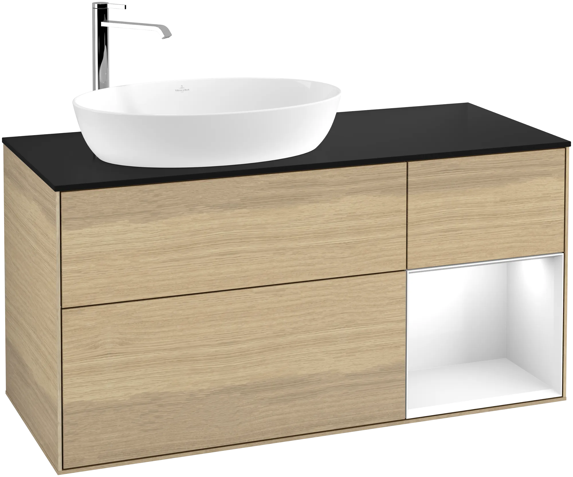Obrázek VILLEROY BOCH Finion Vanity unit, with lighting, 3 pull-out compartments, 1200 x 603 x 501 mm, Oak Veneer / Glossy White Lacquer / Glass Black Matt #G932GFPC