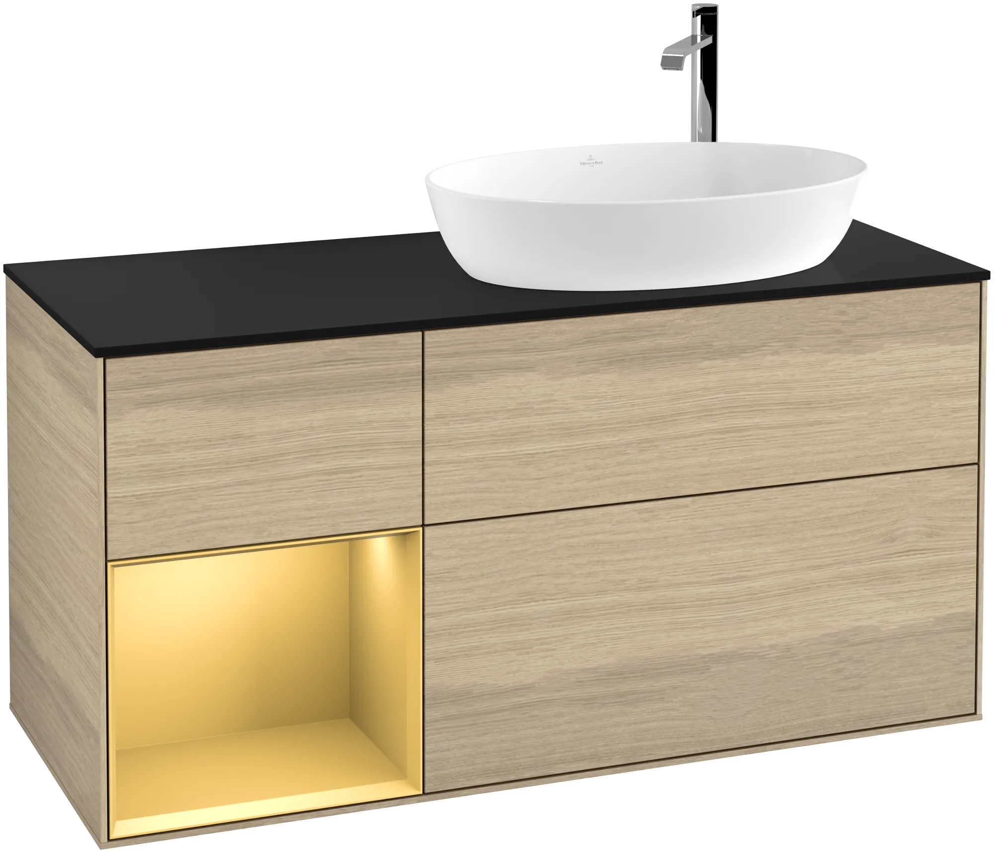 Picture of VILLEROY BOCH Finion Vanity unit, with lighting, 3 pull-out compartments, 1200 x 603 x 501 mm, Oak Veneer / Gold Matt Lacquer / Glass Black Matt #G922HFPC