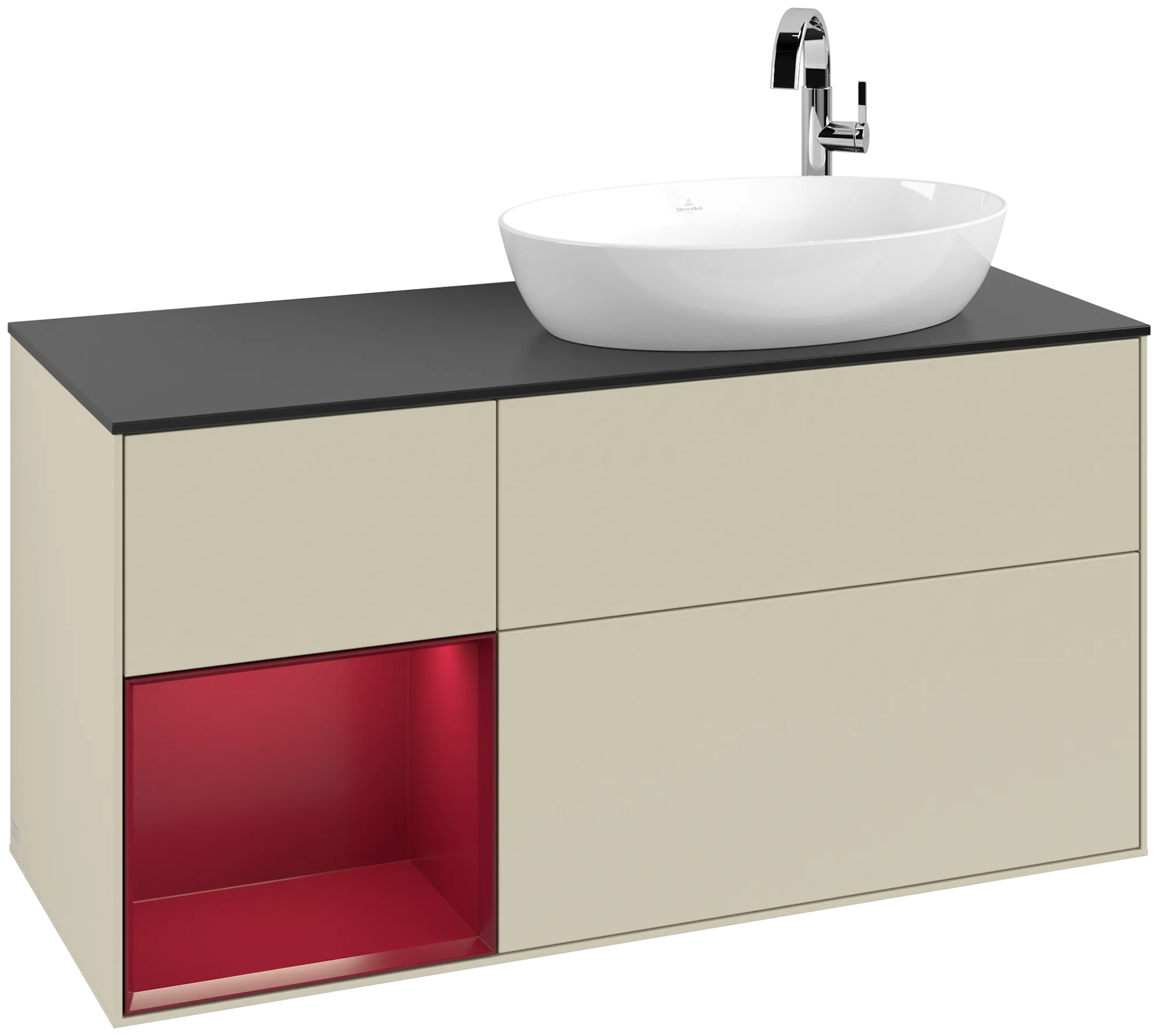 Picture of VILLEROY BOCH Finion Vanity unit, with lighting, 3 pull-out compartments, 1200 x 603 x 501 mm, Silk Grey Matt Lacquer / Peony Matt Lacquer / Glass Black Matt #G922HBHJ