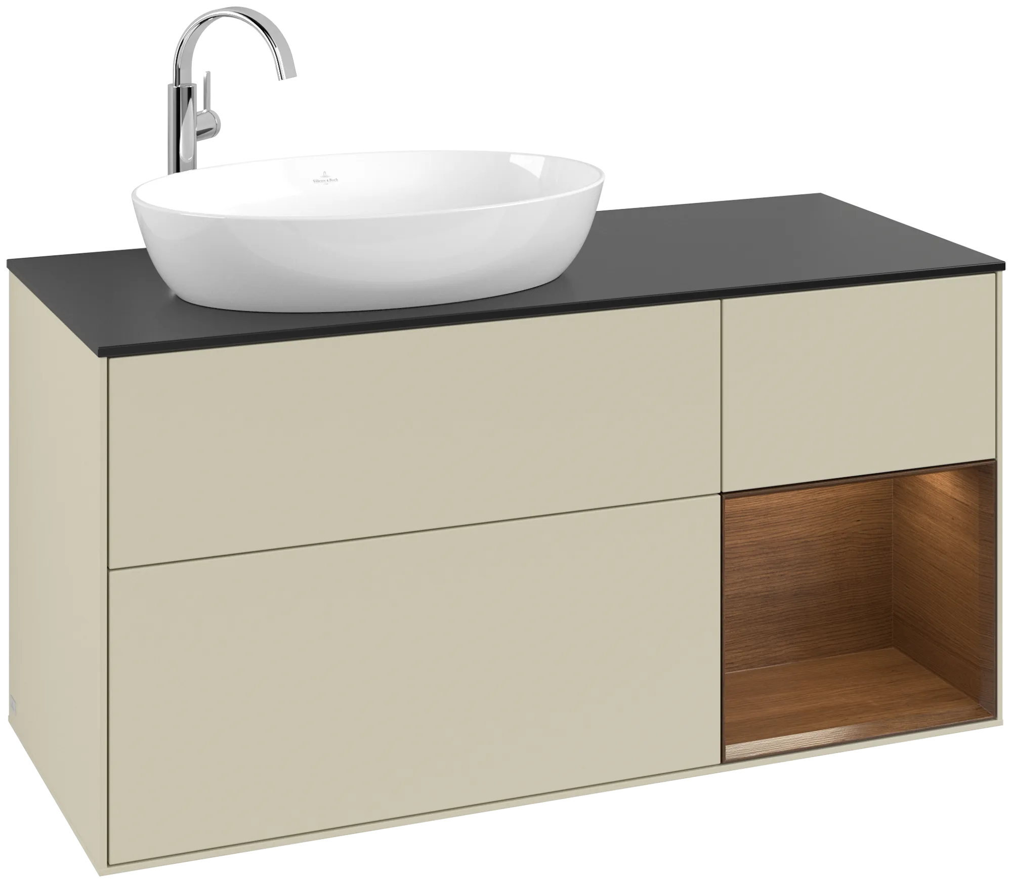 Picture of VILLEROY BOCH Finion Vanity unit, with lighting, 3 pull-out compartments, 1200 x 603 x 501 mm, Silk Grey Matt Lacquer / Walnut Veneer / Glass Black Matt #G932GNHJ