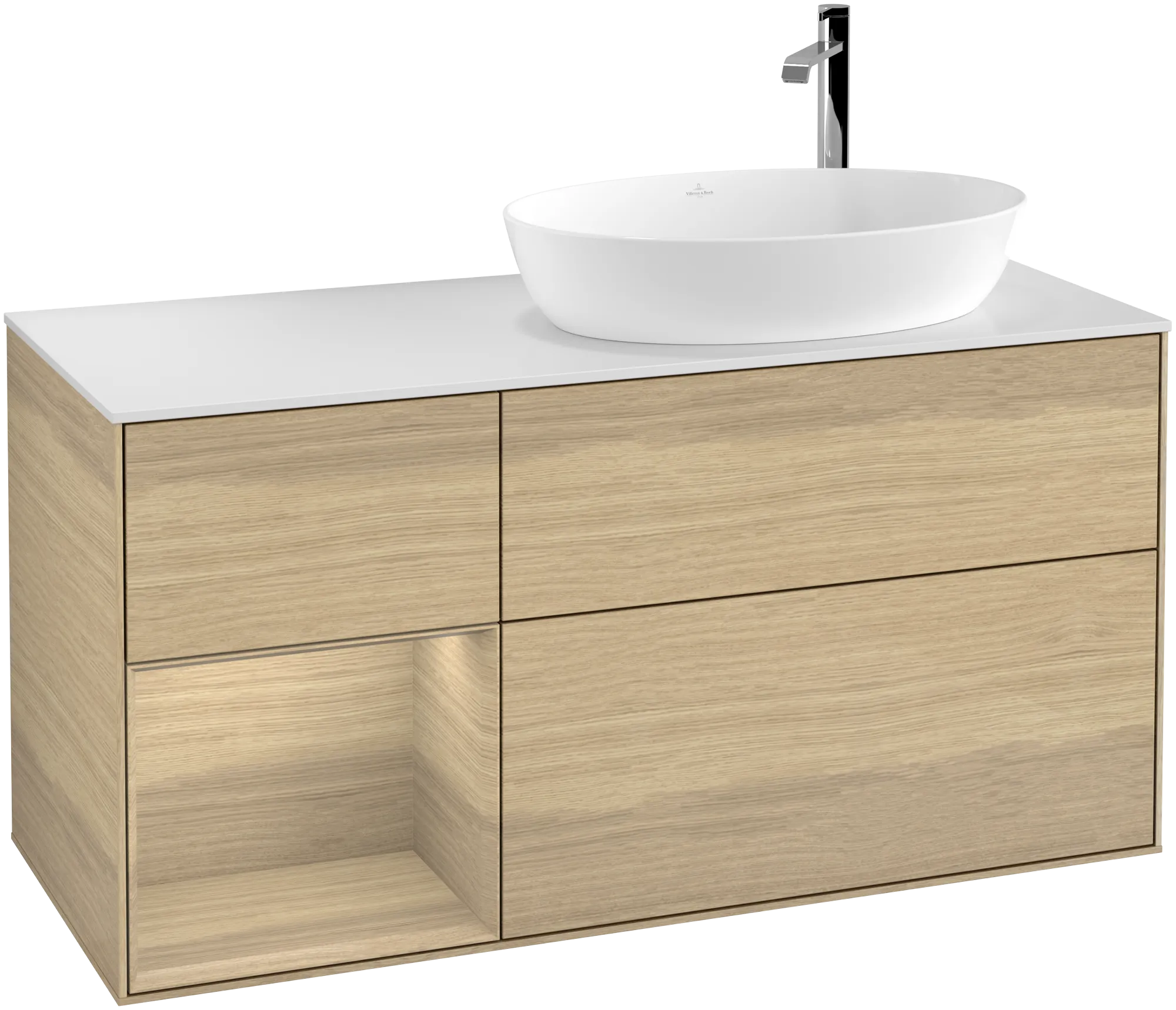 Picture of VILLEROY BOCH Finion Vanity unit, with lighting, 3 pull-out compartments, 1200 x 603 x 501 mm, Oak Veneer / Oak Veneer / Glass White Matt #G921PCPC