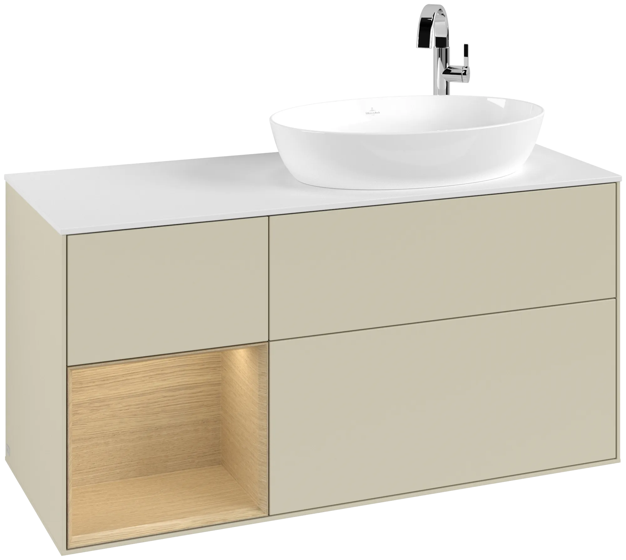 Picture of VILLEROY BOCH Finion Vanity unit, with lighting, 3 pull-out compartments, 1200 x 603 x 501 mm, Silk Grey Matt Lacquer / Oak Veneer / Glass White Matt #G921PCHJ