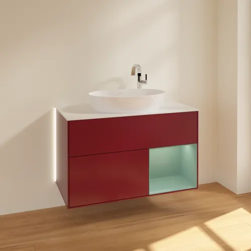 Obrázek VILLEROY BOCH Finion Vanity unit, with lighting, 2 pull-out compartments, 1000 x 603 x 501 mm, Peony Matt Lacquer / Olive Matt Lacquer / Glass White Matt #G901GMHB