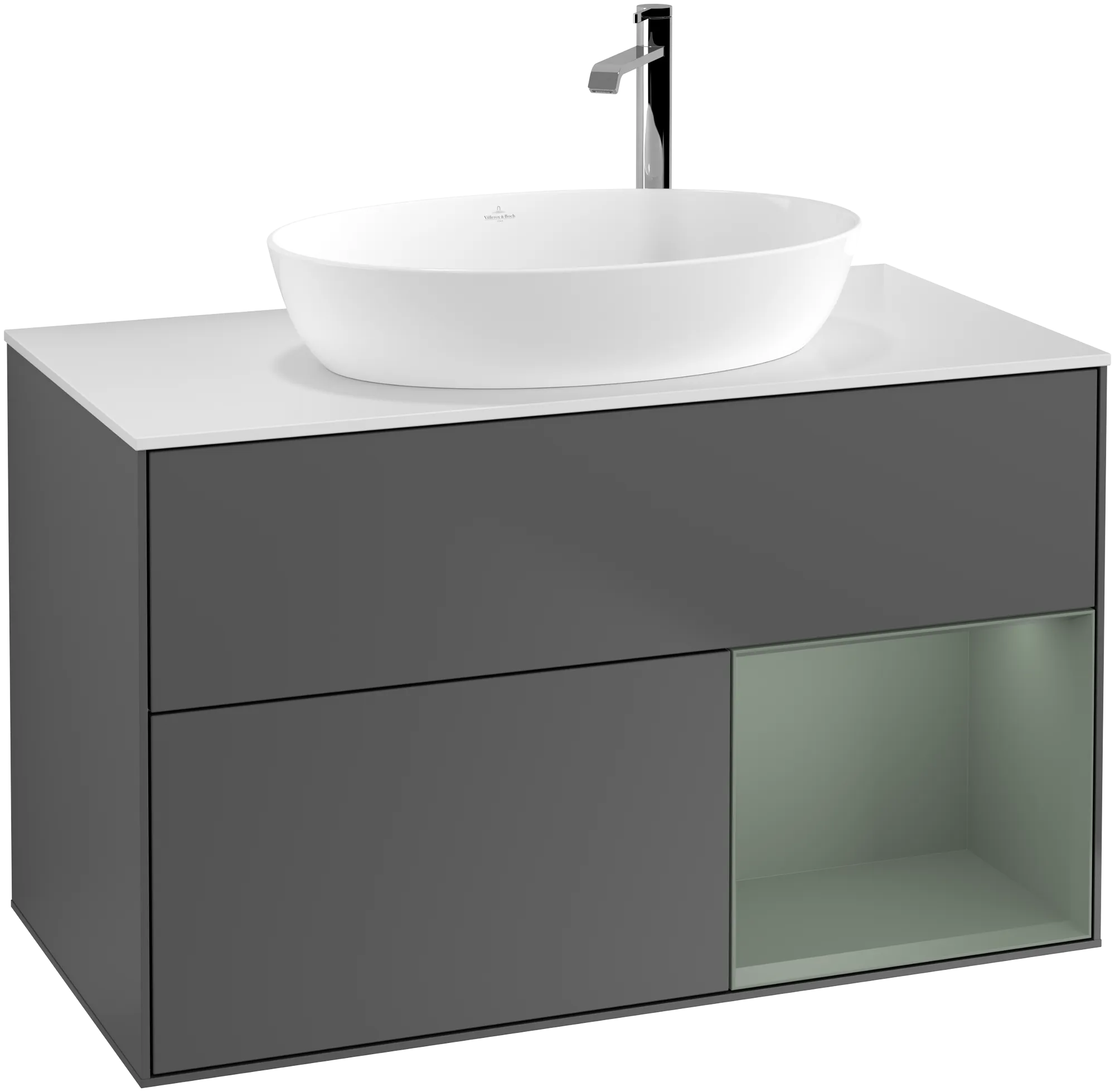 Зображення з  VILLEROY BOCH Finion Vanity unit, with lighting, 2 pull-out compartments, 1000 x 603 x 501 mm, Anthracite Matt Lacquer / Olive Matt Lacquer / Glass White Matt #G901GMGK