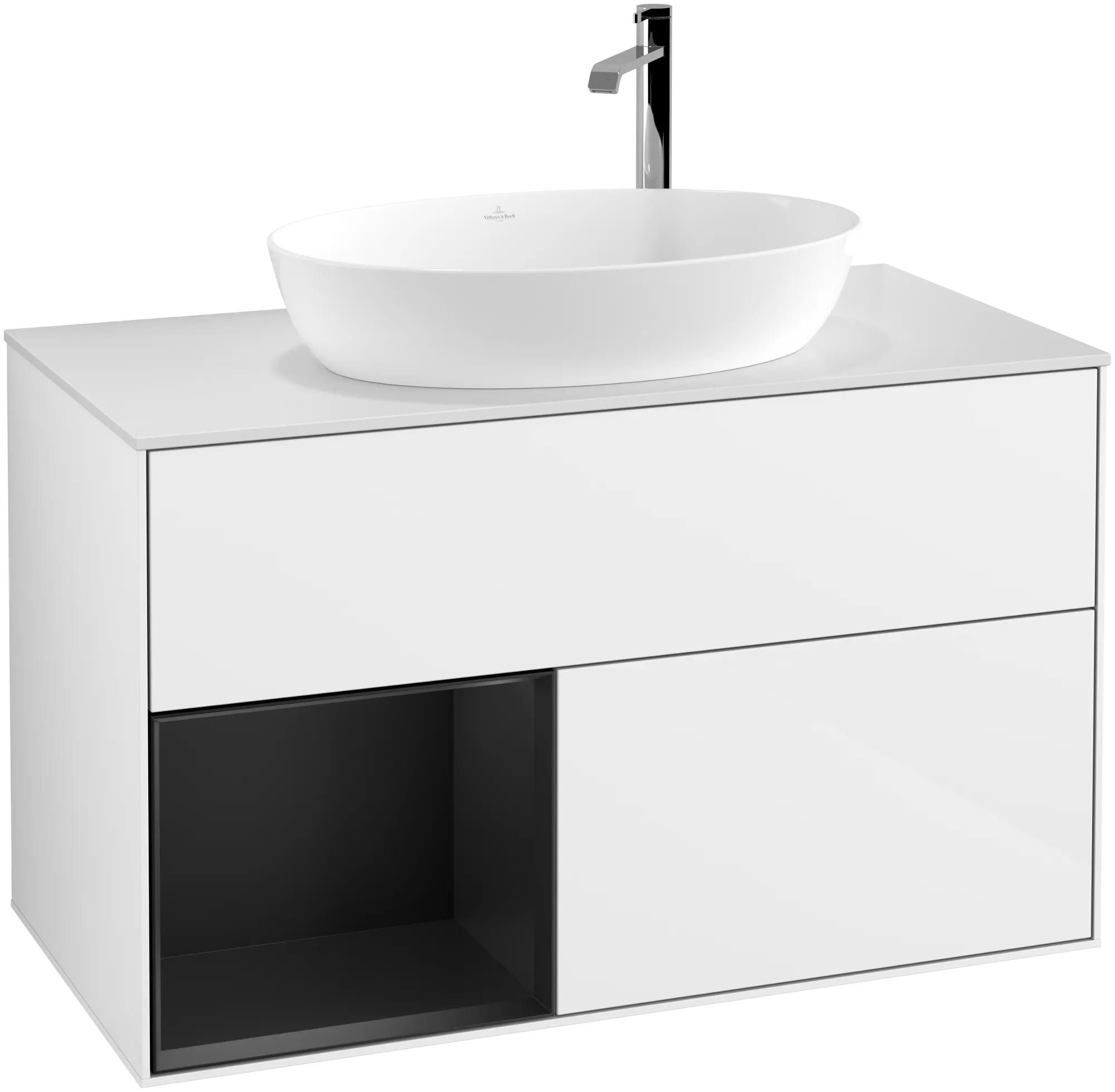 Picture of VILLEROY BOCH Finion Vanity unit, with lighting, 2 pull-out compartments, 1000 x 603 x 501 mm, Glossy White Lacquer / Black Matt Lacquer / Glass White Matt #G891PDGF