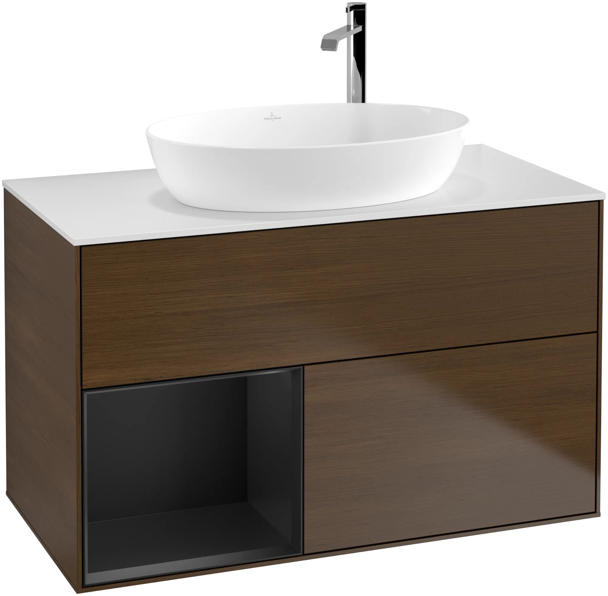 Picture of VILLEROY BOCH Finion Vanity unit, with lighting, 2 pull-out compartments, 1000 x 603 x 501 mm, Walnut Veneer / Black Matt Lacquer / Glass White Matt #G891PDGN