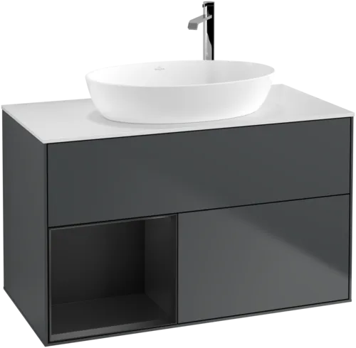 Picture of VILLEROY BOCH Finion Vanity unit, with lighting, 2 pull-out compartments, 1000 x 603 x 501 mm, Midnight Blue Matt Lacquer / Black Matt Lacquer / Glass White Matt #G891PDHG