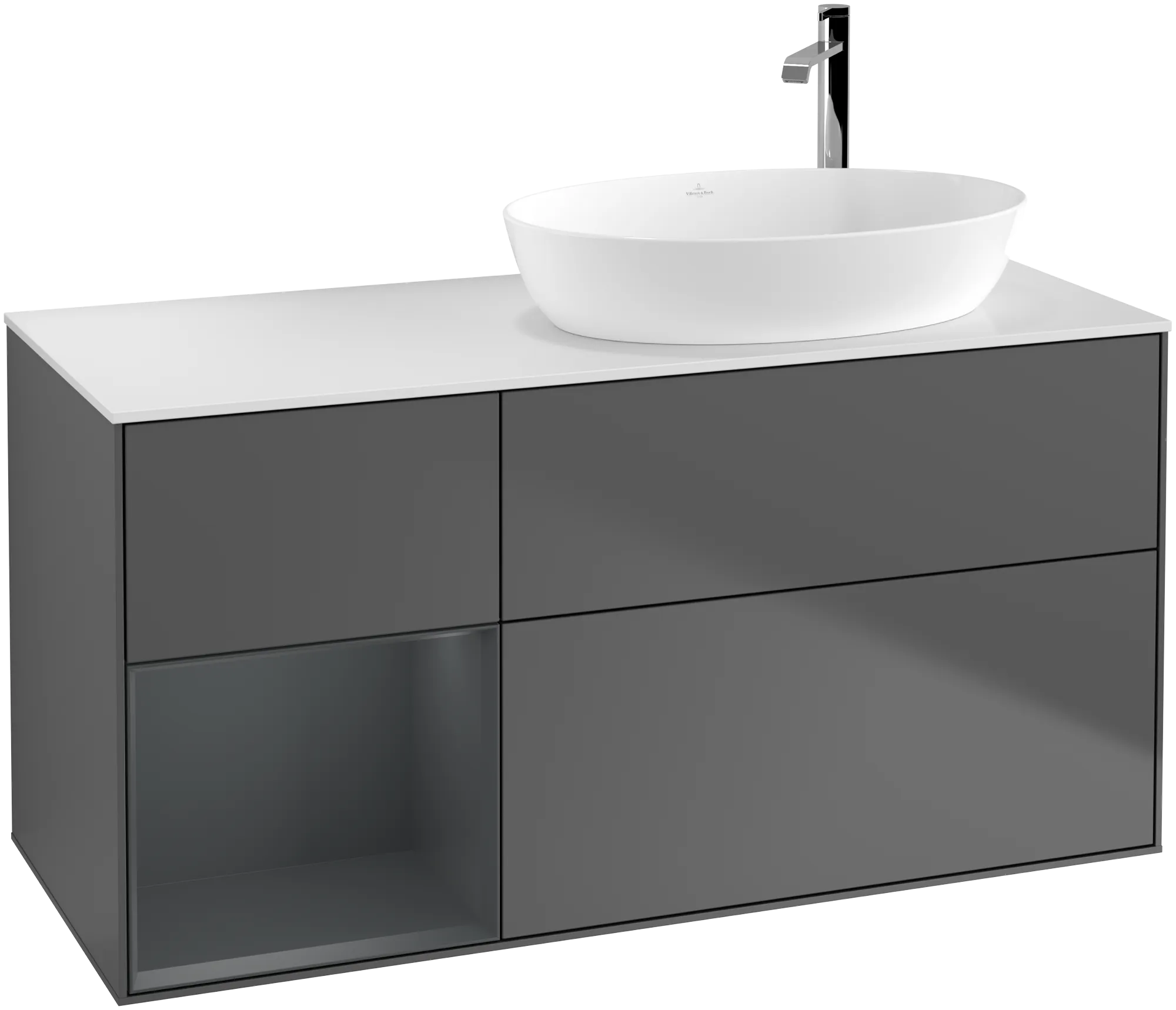 Obrázek VILLEROY BOCH Finion Vanity unit, with lighting, 3 pull-out compartments, 1200 x 603 x 501 mm, Anthracite Matt Lacquer / Midnight Blue Matt Lacquer / Glass White Matt #G921HGGK