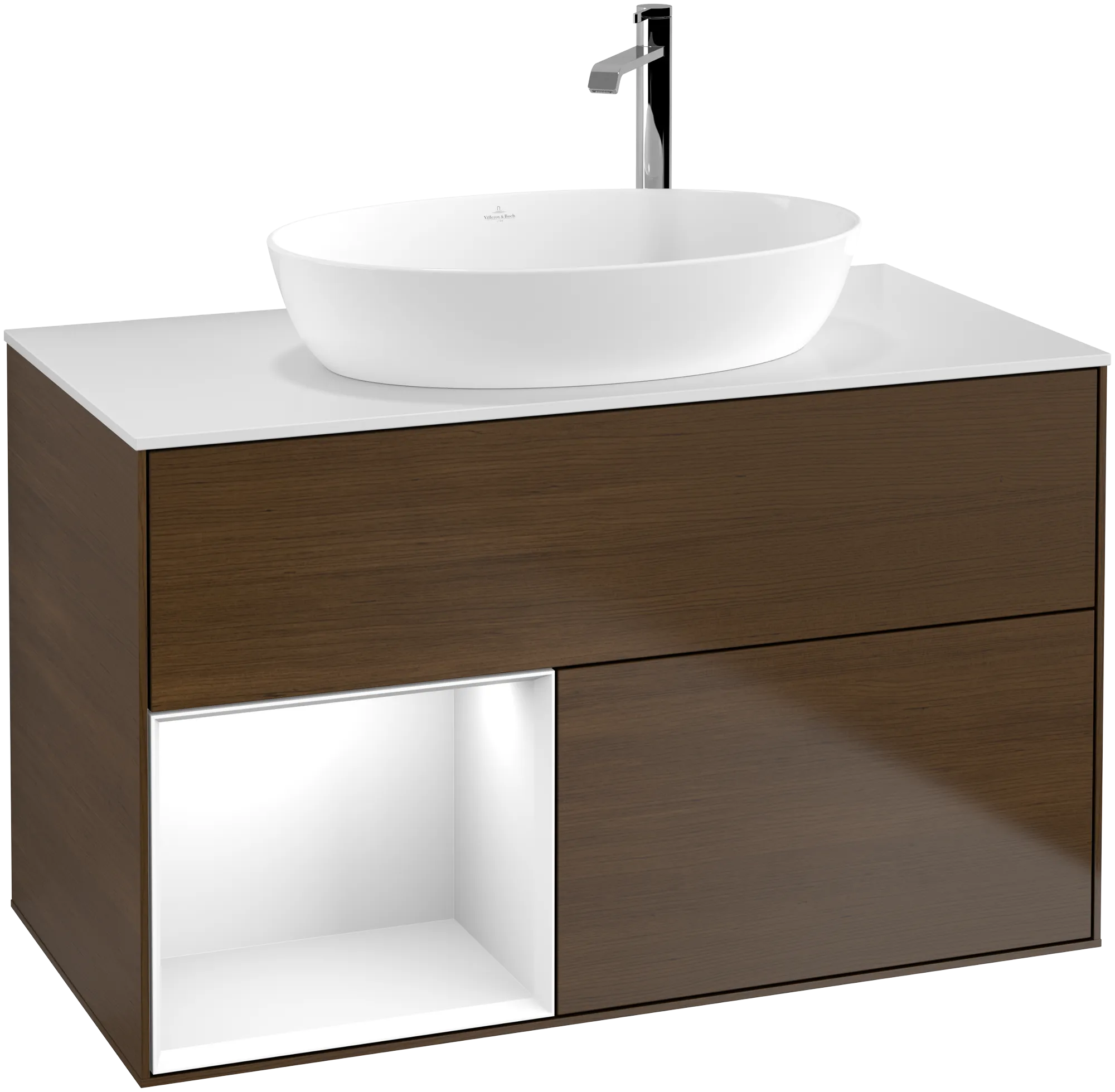 Obrázek VILLEROY BOCH Finion Vanity unit, with lighting, 2 pull-out compartments, 1000 x 603 x 501 mm, Walnut Veneer / Glossy White Lacquer / Glass White Matt #G891GFGN