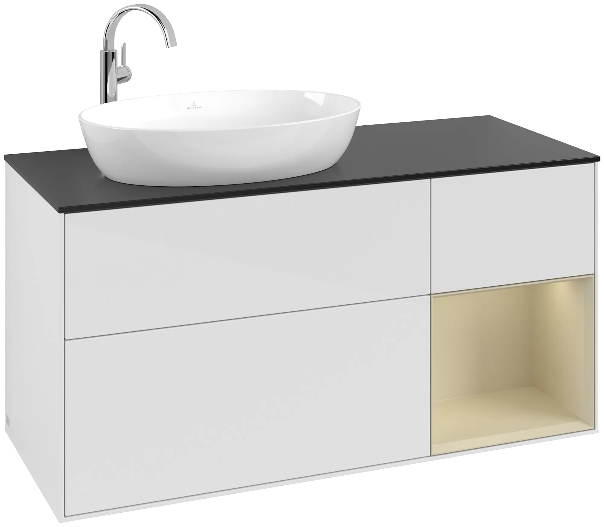 Obrázek VILLEROY BOCH Finion Vanity unit, with lighting, 3 pull-out compartments, 1200 x 603 x 501 mm, Glossy White Lacquer / Silk Grey Matt Lacquer / Glass Black Matt #G932HJGF