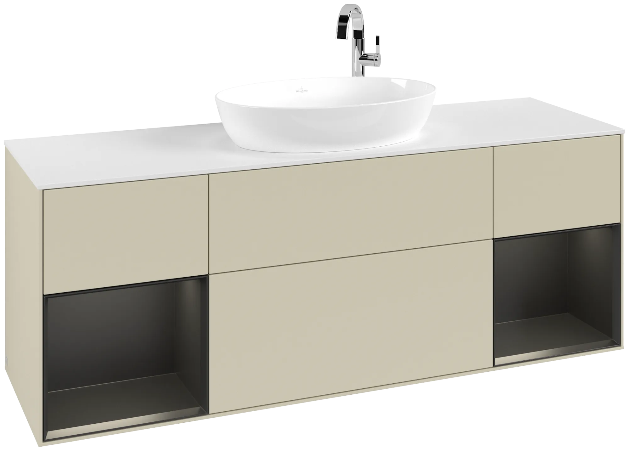 Picture of VILLEROY BOCH Finion Vanity unit, with lighting, 4 pull-out compartments, 1600 x 603 x 501 mm, Silk Grey Matt Lacquer / Black Matt Lacquer / Glass White Matt #G981PDHJ