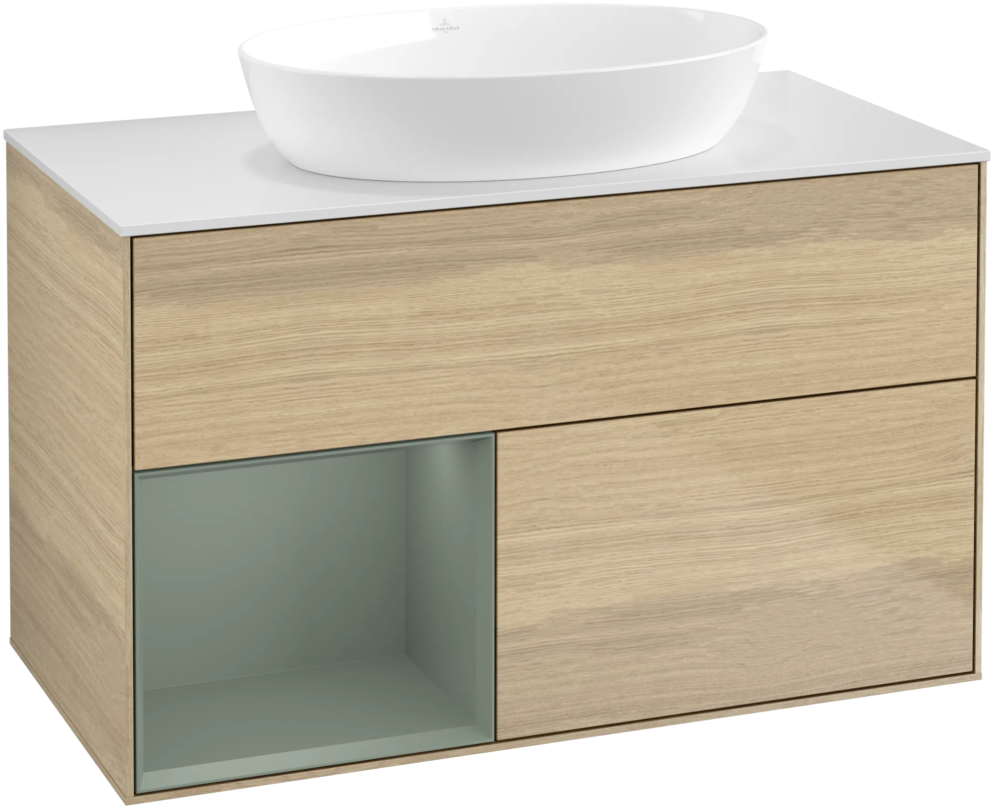 Picture of VILLEROY BOCH Finion Vanity unit, with lighting, 2 pull-out compartments, 1000 x 603 x 501 mm, Oak Veneer / Olive Matt Lacquer / Glass White Matt #GA11GMPC