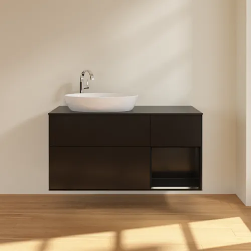 Bild von VILLEROY BOCH Finion Waschbeckenunterschrank, mit Beleuchtung, 3 Auszüge, 1200 x 603 x 501 mm, Black Matt Lacquer / Black Matt Lacquer / Glass Black Matt #G932PDPD