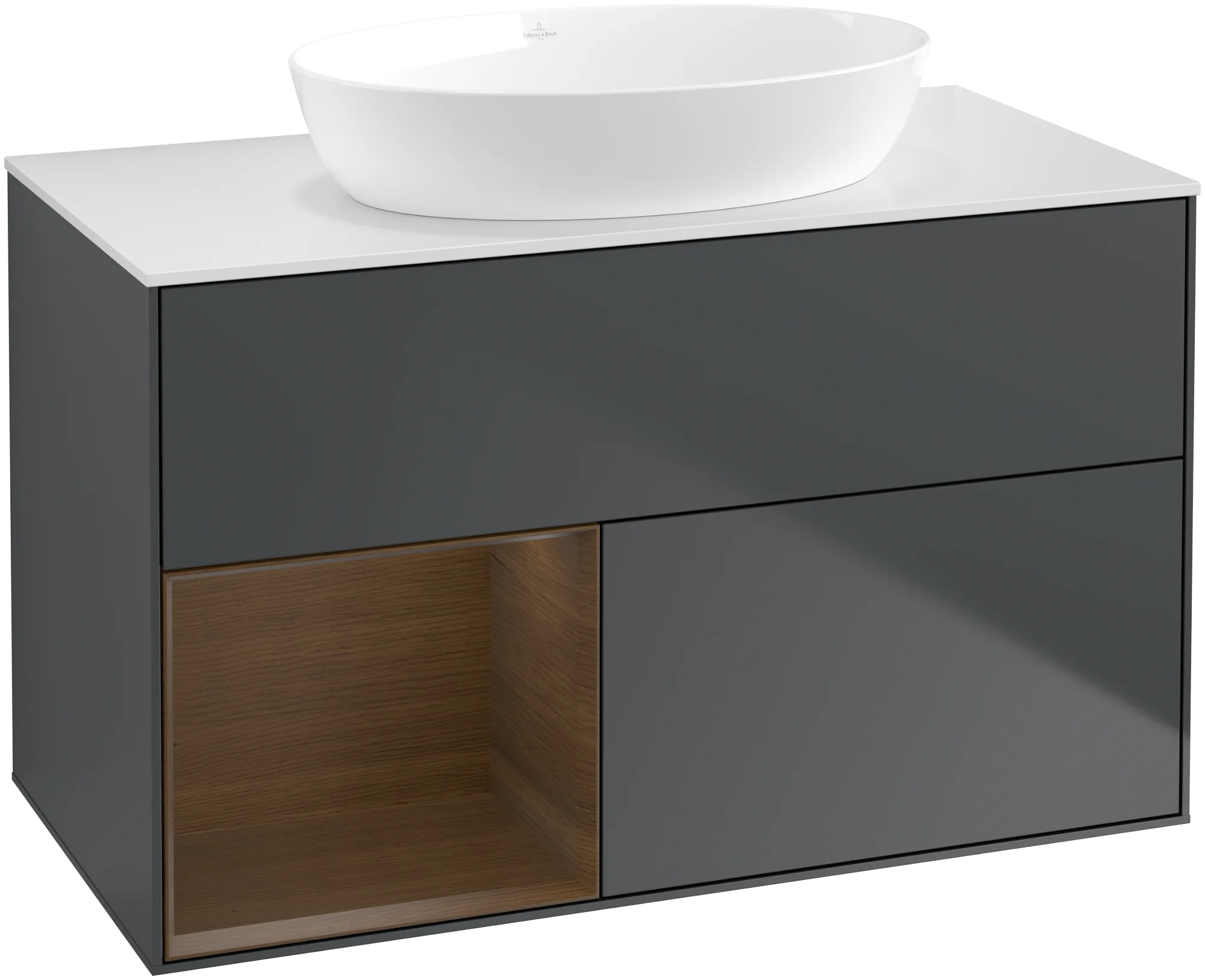 Picture of VILLEROY BOCH Finion Vanity unit, with lighting, 2 pull-out compartments, 1000 x 603 x 501 mm, Midnight Blue Matt Lacquer / Walnut Veneer / Glass White Matt #GA11GNHG