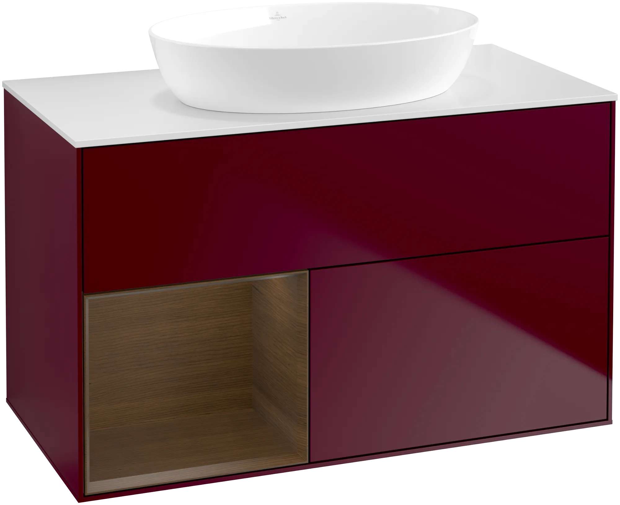 Picture of VILLEROY BOCH Finion Vanity unit, with lighting, 2 pull-out compartments, 1000 x 603 x 501 mm, Peony Matt Lacquer / Walnut Veneer / Glass White Matt #GA11GNHB
