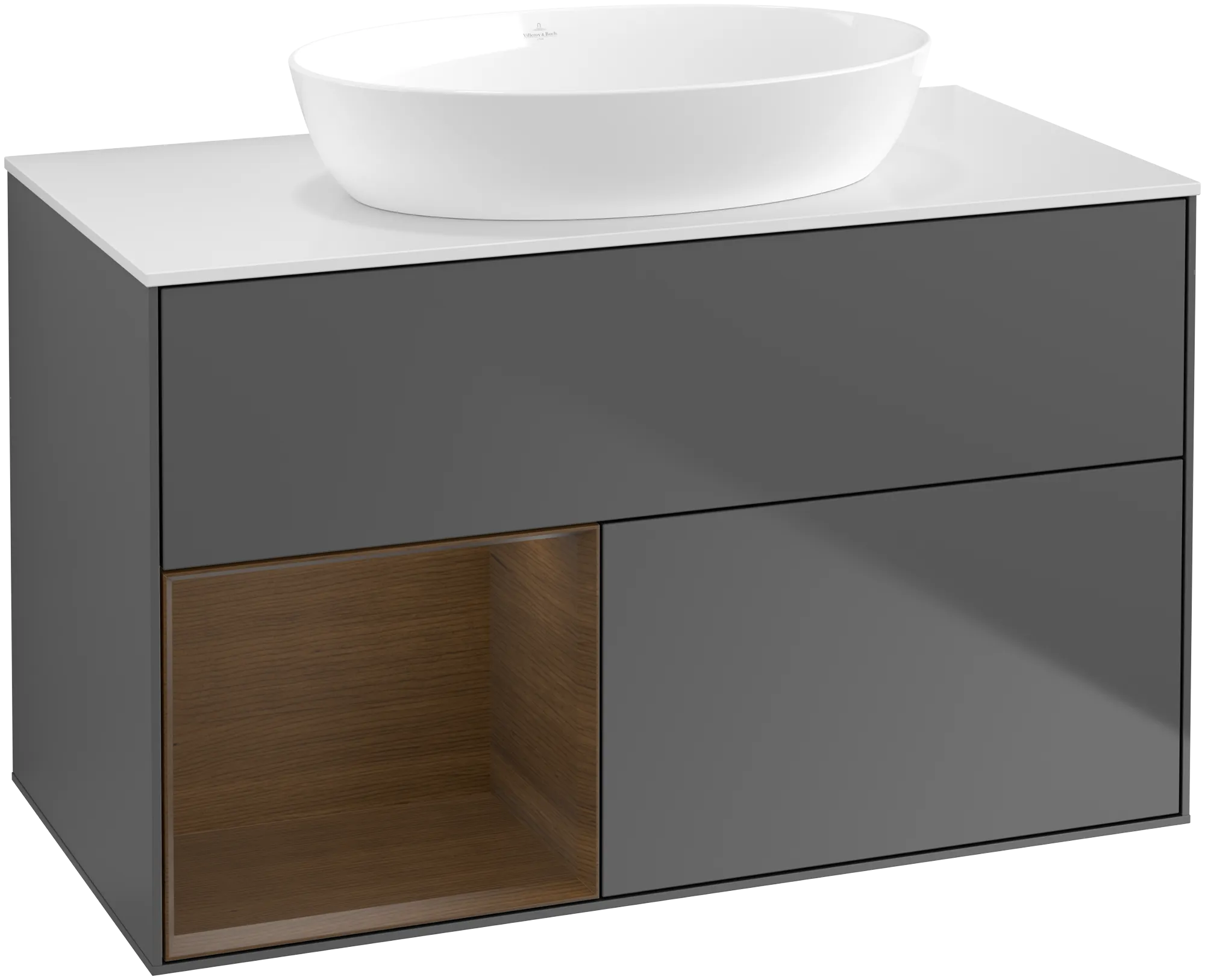 Picture of VILLEROY BOCH Finion Vanity unit, with lighting, 2 pull-out compartments, 1000 x 603 x 501 mm, Anthracite Matt Lacquer / Walnut Veneer / Glass White Matt #GA11GNGK