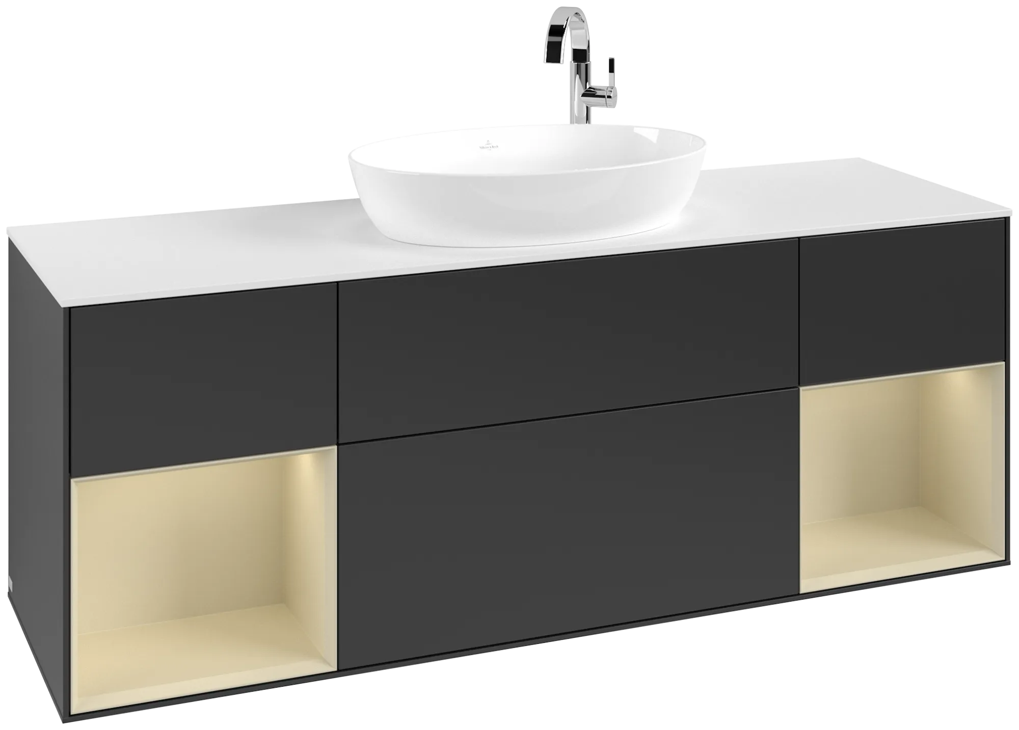 Picture of VILLEROY BOCH Finion Vanity unit, with lighting, 4 pull-out compartments, 1600 x 603 x 501 mm, Black Matt Lacquer / Silk Grey Matt Lacquer / Glass White Matt #G981HJPD