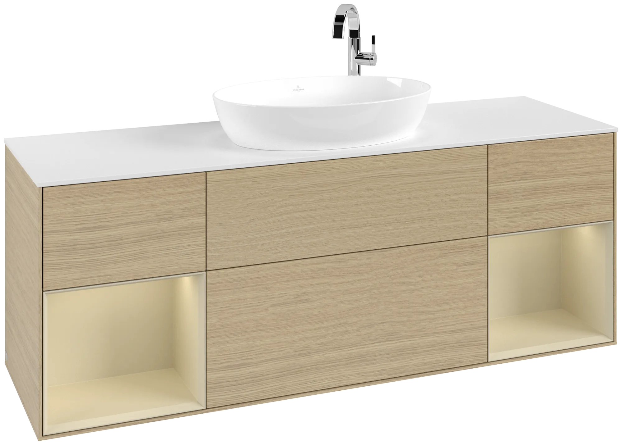 Picture of VILLEROY BOCH Finion Vanity unit, with lighting, 4 pull-out compartments, 1600 x 603 x 501 mm, Oak Veneer / Silk Grey Matt Lacquer / Glass White Matt #G981HJPC