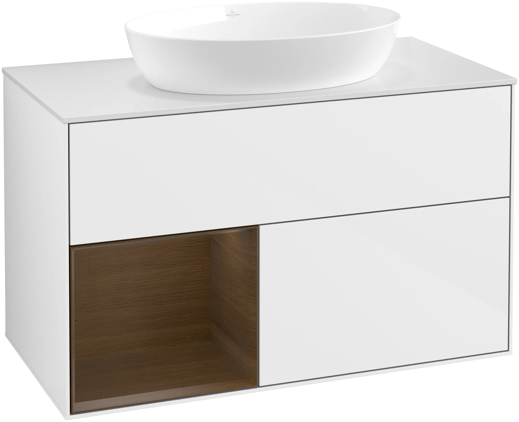 Picture of VILLEROY BOCH Finion Vanity unit, with lighting, 2 pull-out compartments, 1000 x 603 x 501 mm, Glossy White Lacquer / Walnut Veneer / Glass White Matt #GA11GNGF