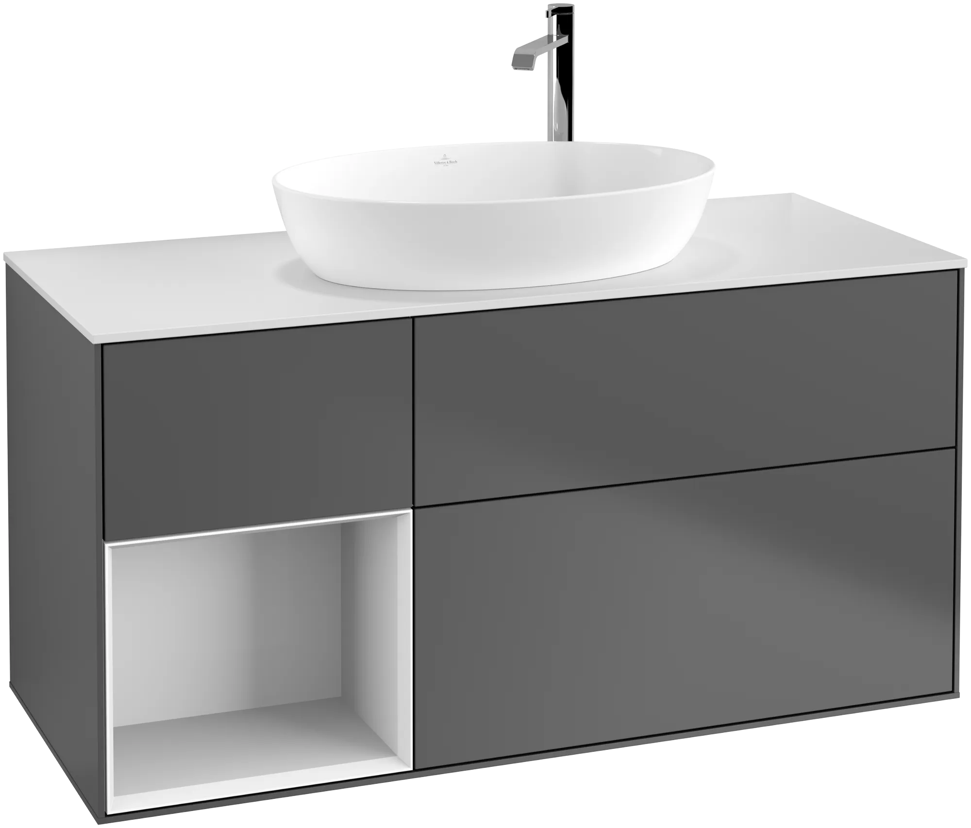 Obrázek VILLEROY BOCH Finion Vanity unit, with lighting, 3 pull-out compartments, 1200 x 603 x 501 mm, Anthracite Matt Lacquer / Glossy White Lacquer / Glass White Matt #G941GFGK