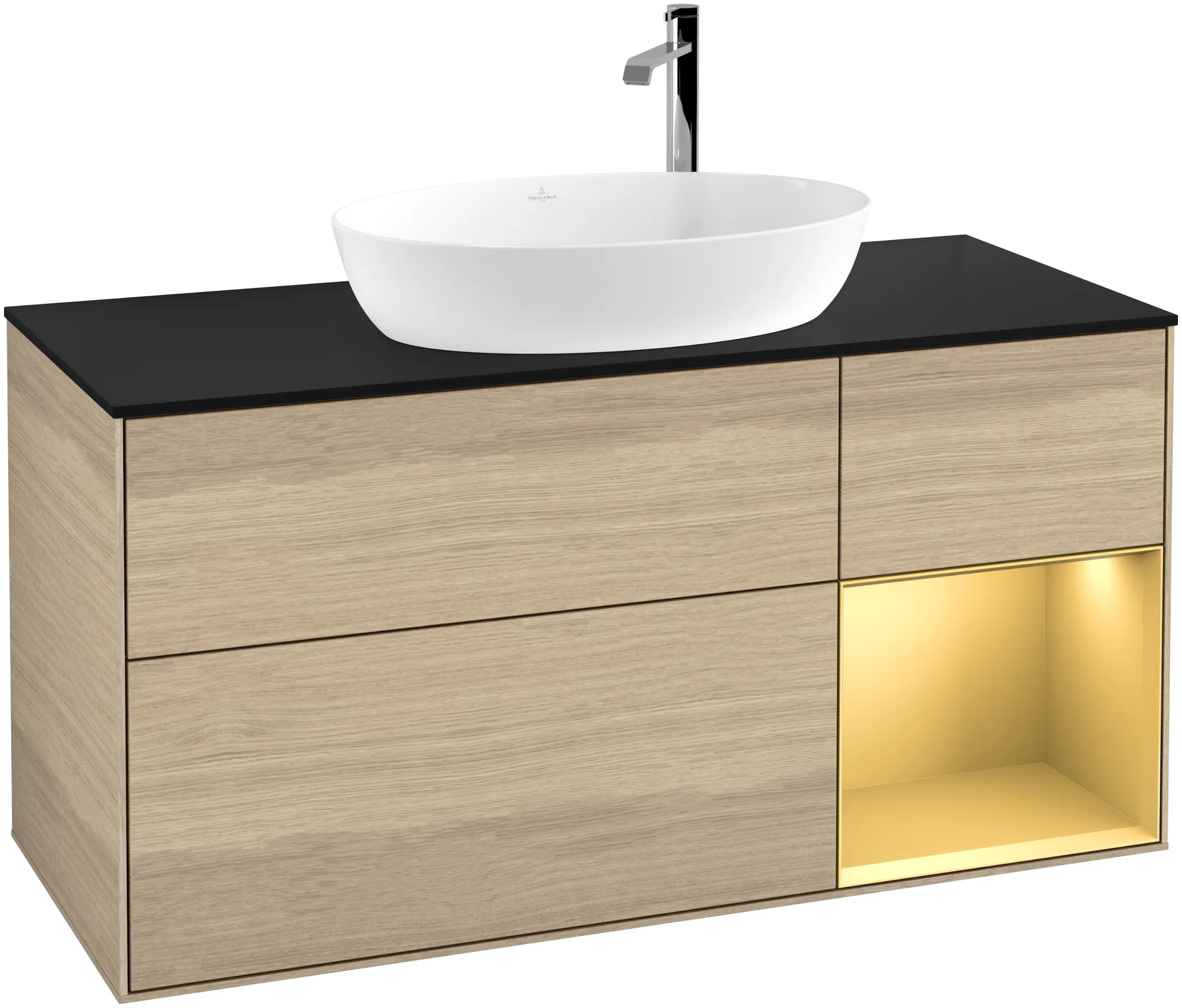 Picture of VILLEROY BOCH Finion Vanity unit, with lighting, 3 pull-out compartments, 1200 x 603 x 501 mm, Oak Veneer / Gold Matt Lacquer / Glass Black Matt #G952HFPC