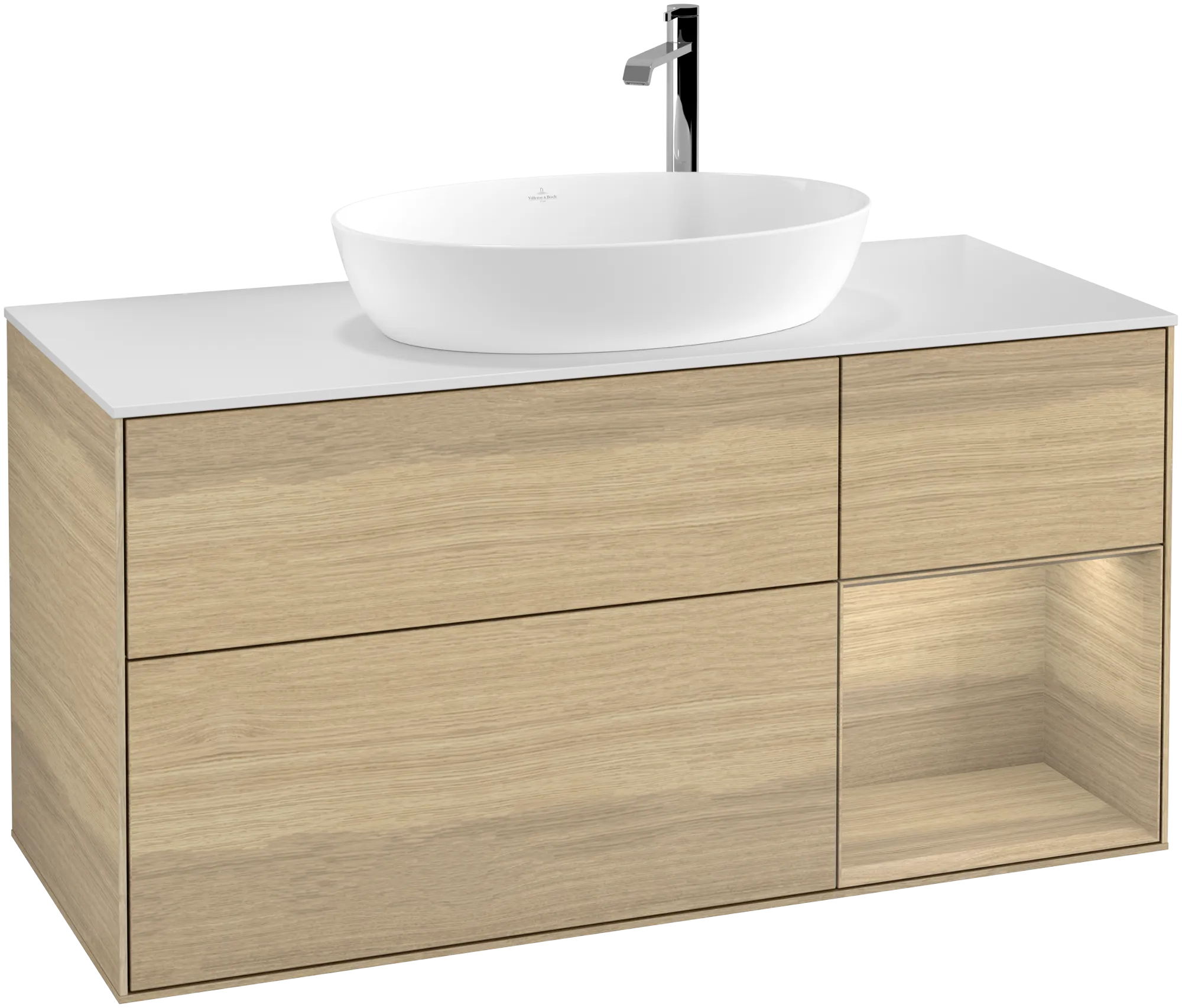 Picture of VILLEROY BOCH Finion Vanity unit, with lighting, 3 pull-out compartments, 1200 x 603 x 501 mm, Oak Veneer / Oak Veneer / Glass White Matt #G951PCPC