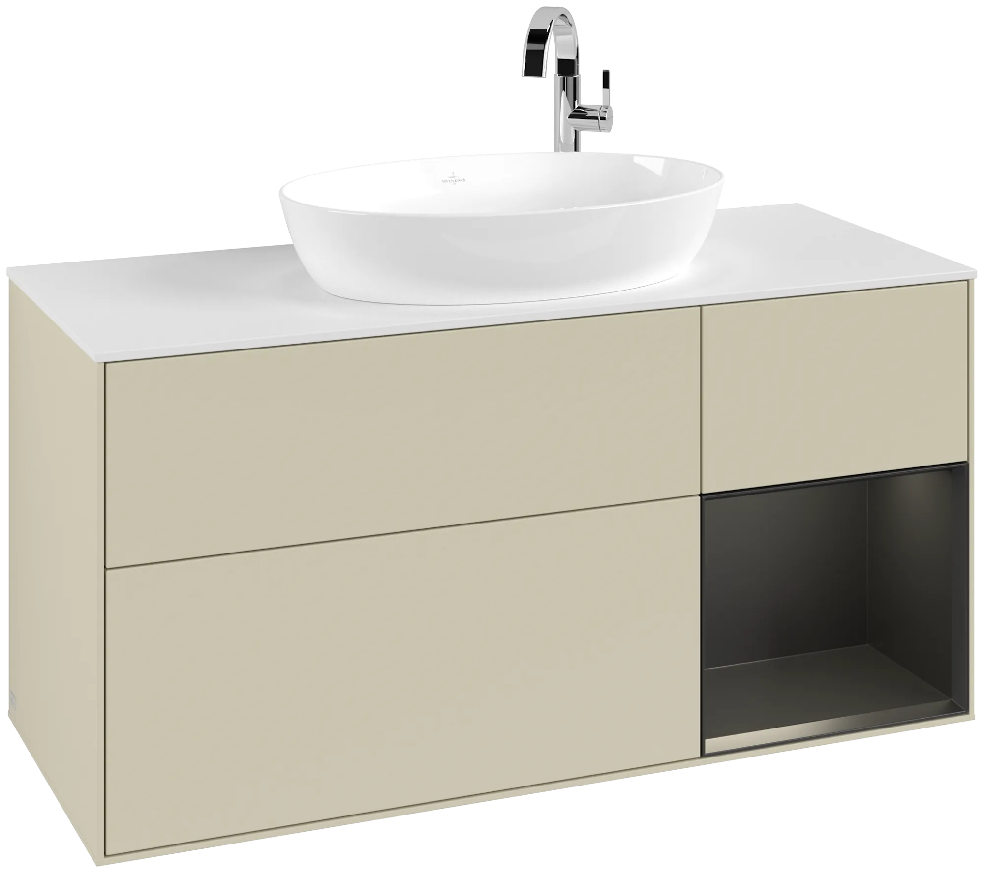 Picture of VILLEROY BOCH Finion Vanity unit, with lighting, 3 pull-out compartments, 1200 x 603 x 501 mm, Silk Grey Matt Lacquer / Black Matt Lacquer / Glass White Matt #G951PDHJ