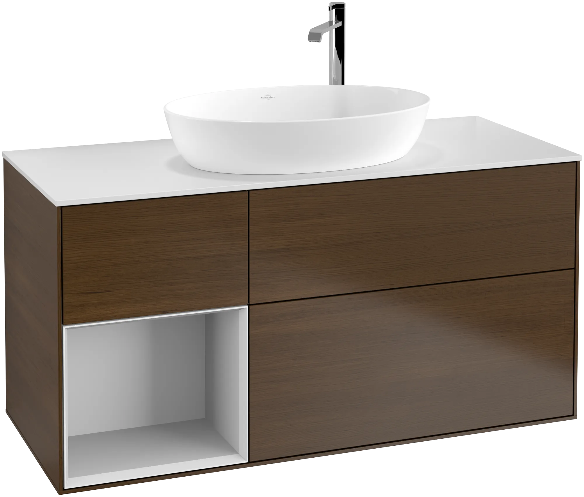 Picture of VILLEROY BOCH Finion Vanity unit, with lighting, 3 pull-out compartments, 1200 x 603 x 501 mm, Walnut Veneer / White Matt Lacquer / Glass White Matt #G941MTGN