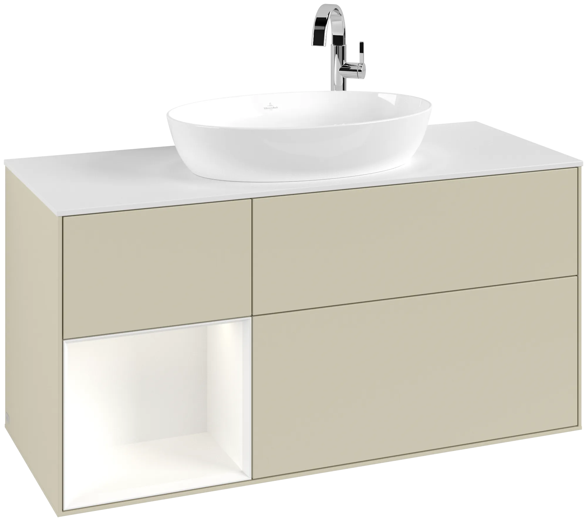 Picture of VILLEROY BOCH Finion Vanity unit, with lighting, 3 pull-out compartments, 1200 x 603 x 501 mm, Silk Grey Matt Lacquer / White Matt Lacquer / Glass White Matt #G941MTHJ