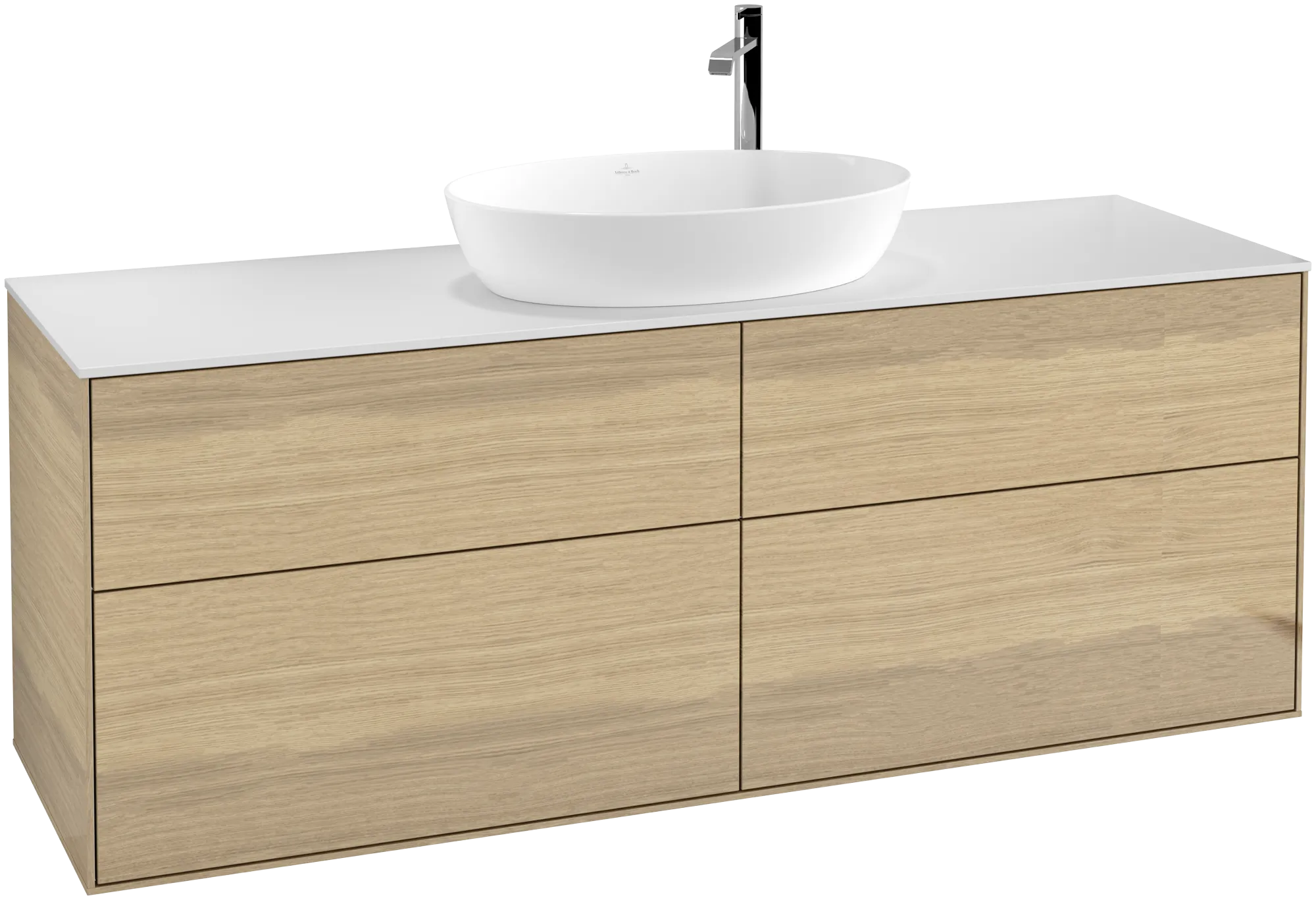 Picture of VILLEROY BOCH Finion Vanity unit, with lighting, 4 pull-out compartments, 1600 x 603 x 501 mm, Oak Veneer / Glass White Matt #G97100PC