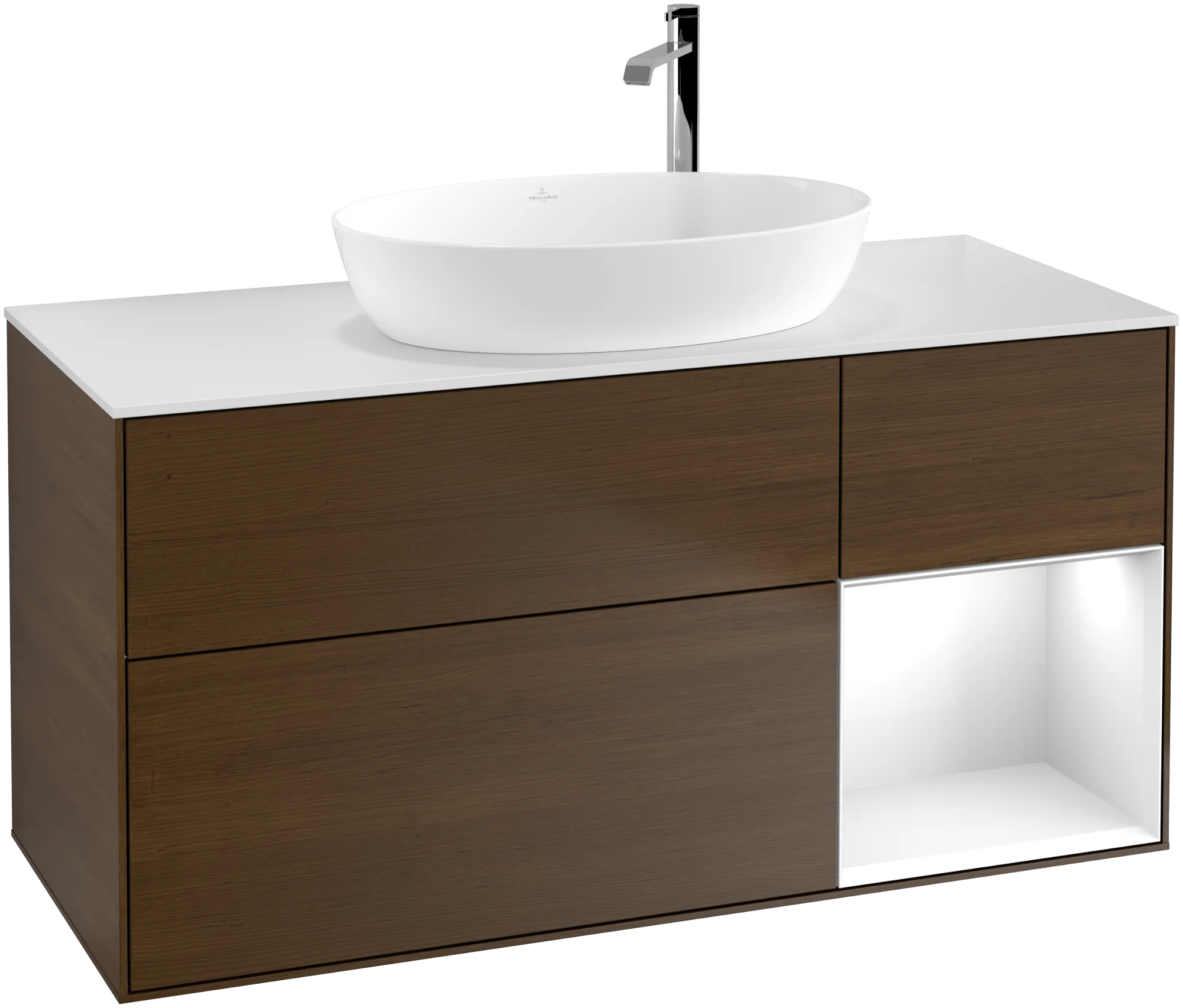 Picture of VILLEROY BOCH Finion Vanity unit, with lighting, 3 pull-out compartments, 1200 x 603 x 501 mm, Walnut Veneer / Glossy White Lacquer / Glass White Matt #G951GFGN