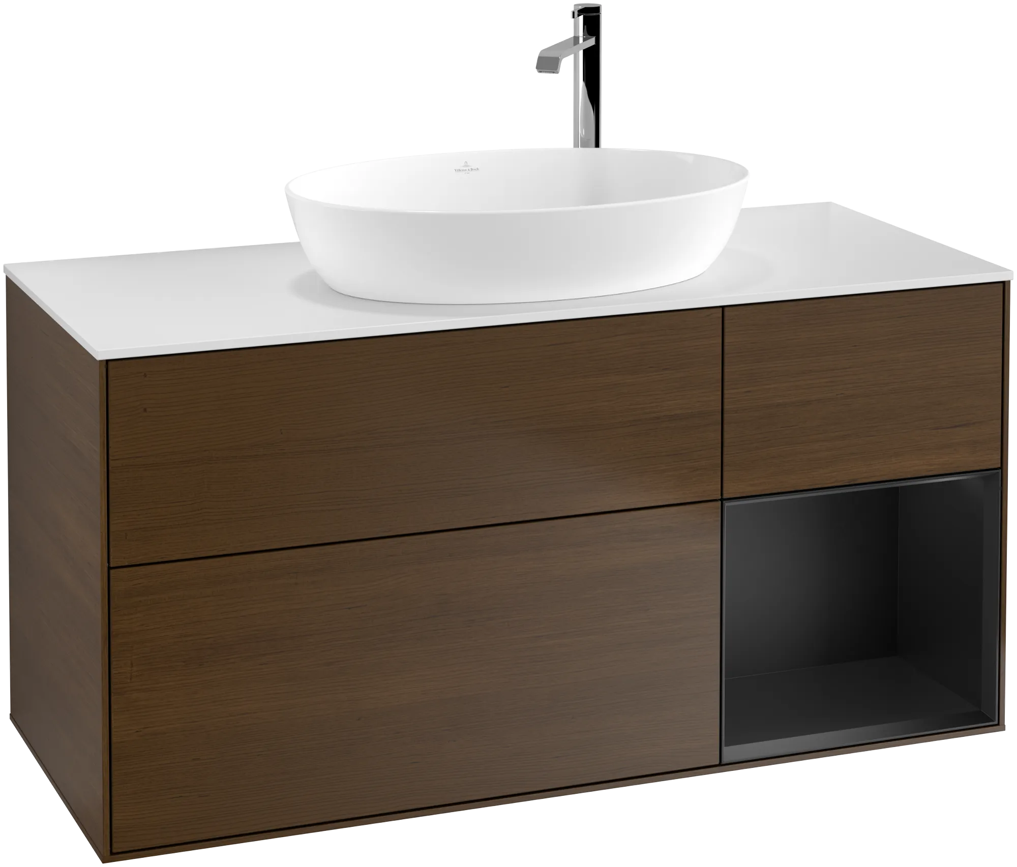 Picture of VILLEROY BOCH Finion Vanity unit, with lighting, 3 pull-out compartments, 1200 x 603 x 501 mm, Walnut Veneer / Black Matt Lacquer / Glass White Matt #G951PDGN
