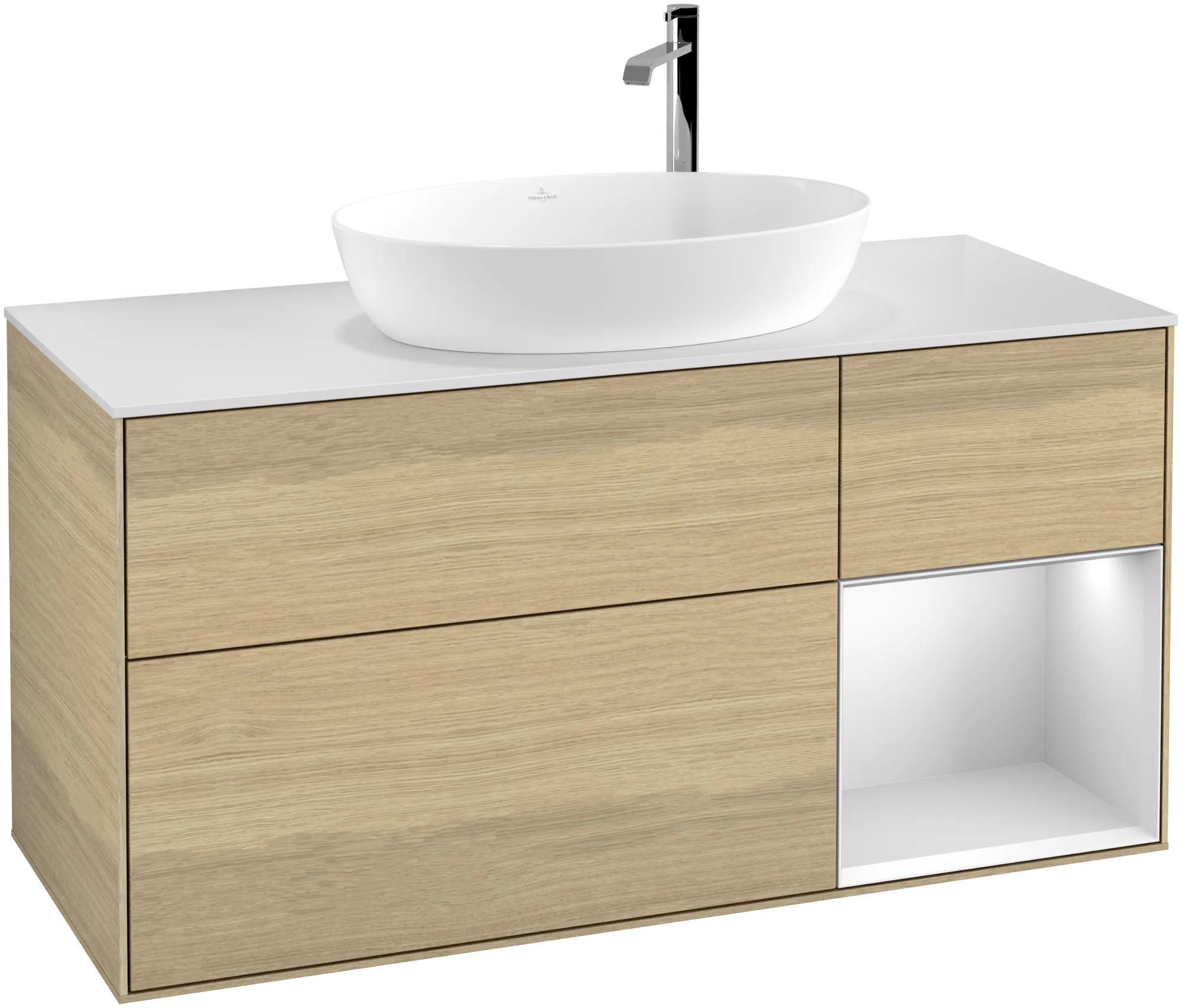 Picture of VILLEROY BOCH Finion Vanity unit, with lighting, 3 pull-out compartments, 1200 x 603 x 501 mm, Oak Veneer / White Matt Lacquer / Glass White Matt #G951MTPC