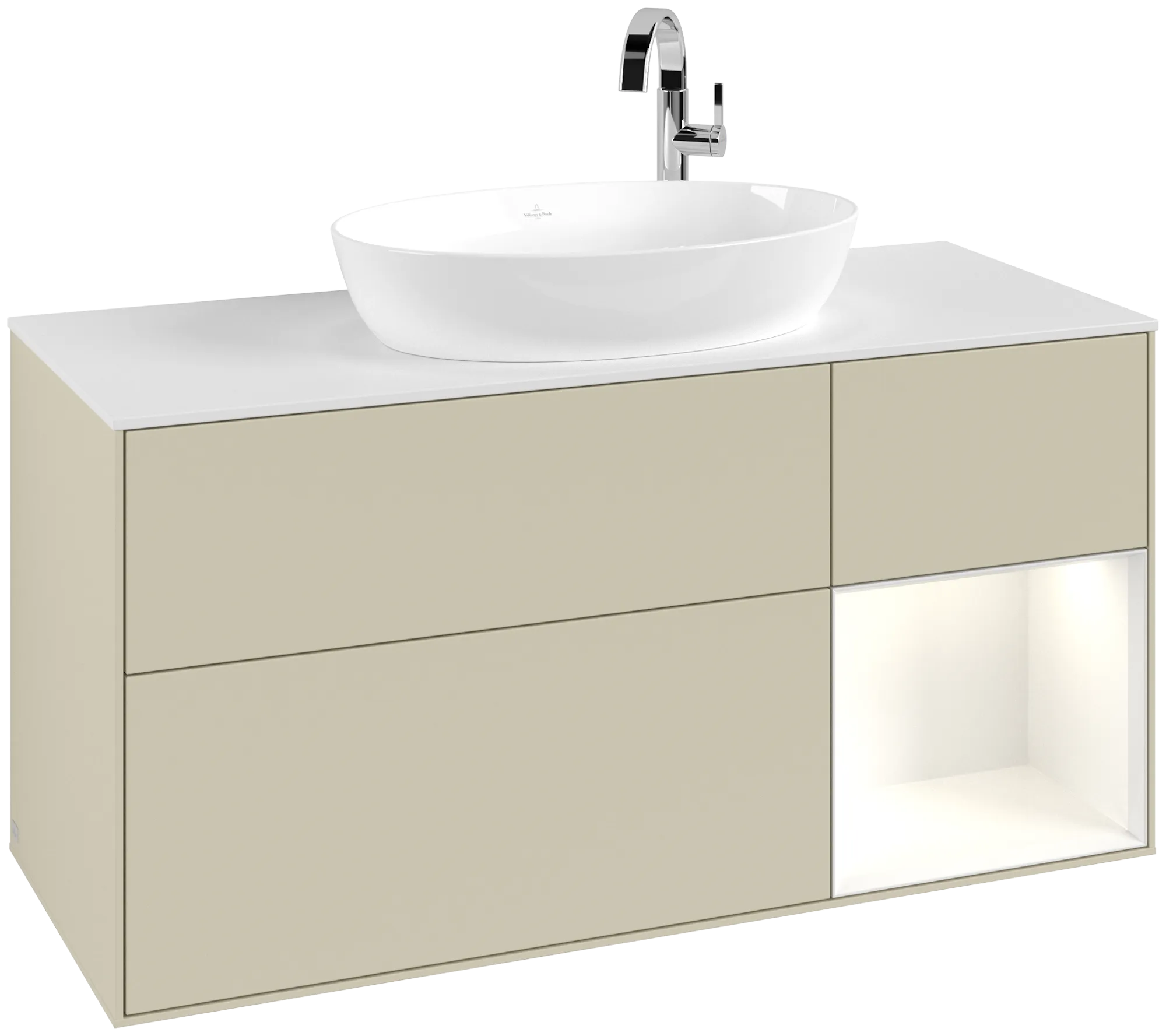 Picture of VILLEROY BOCH Finion Vanity unit, with lighting, 3 pull-out compartments, 1200 x 603 x 501 mm, Silk Grey Matt Lacquer / Glossy White Lacquer / Glass White Matt #G951GFHJ