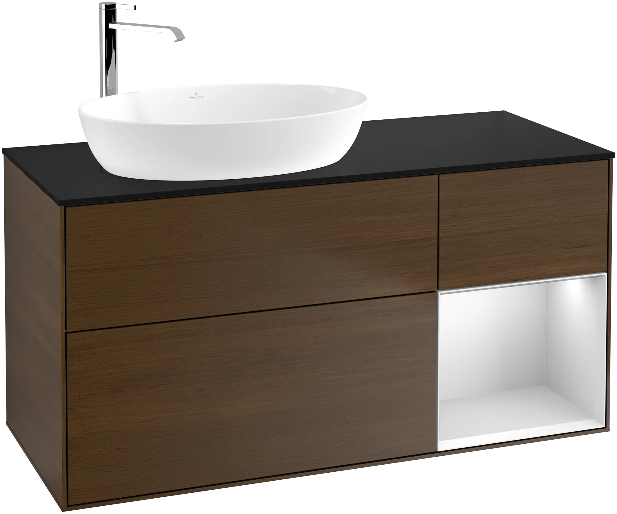 Picture of VILLEROY BOCH Finion Vanity unit, with lighting, 3 pull-out compartments, 1200 x 603 x 501 mm, Walnut Veneer / White Matt Lacquer / Glass Black Matt #G932MTGN