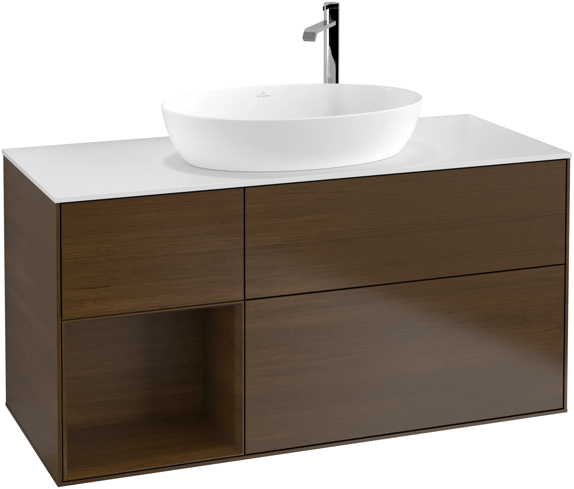 Picture of VILLEROY BOCH Finion Vanity unit, with lighting, 3 pull-out compartments, 1200 x 603 x 501 mm, Walnut Veneer / Walnut Veneer / Glass White Matt #G941GNGN