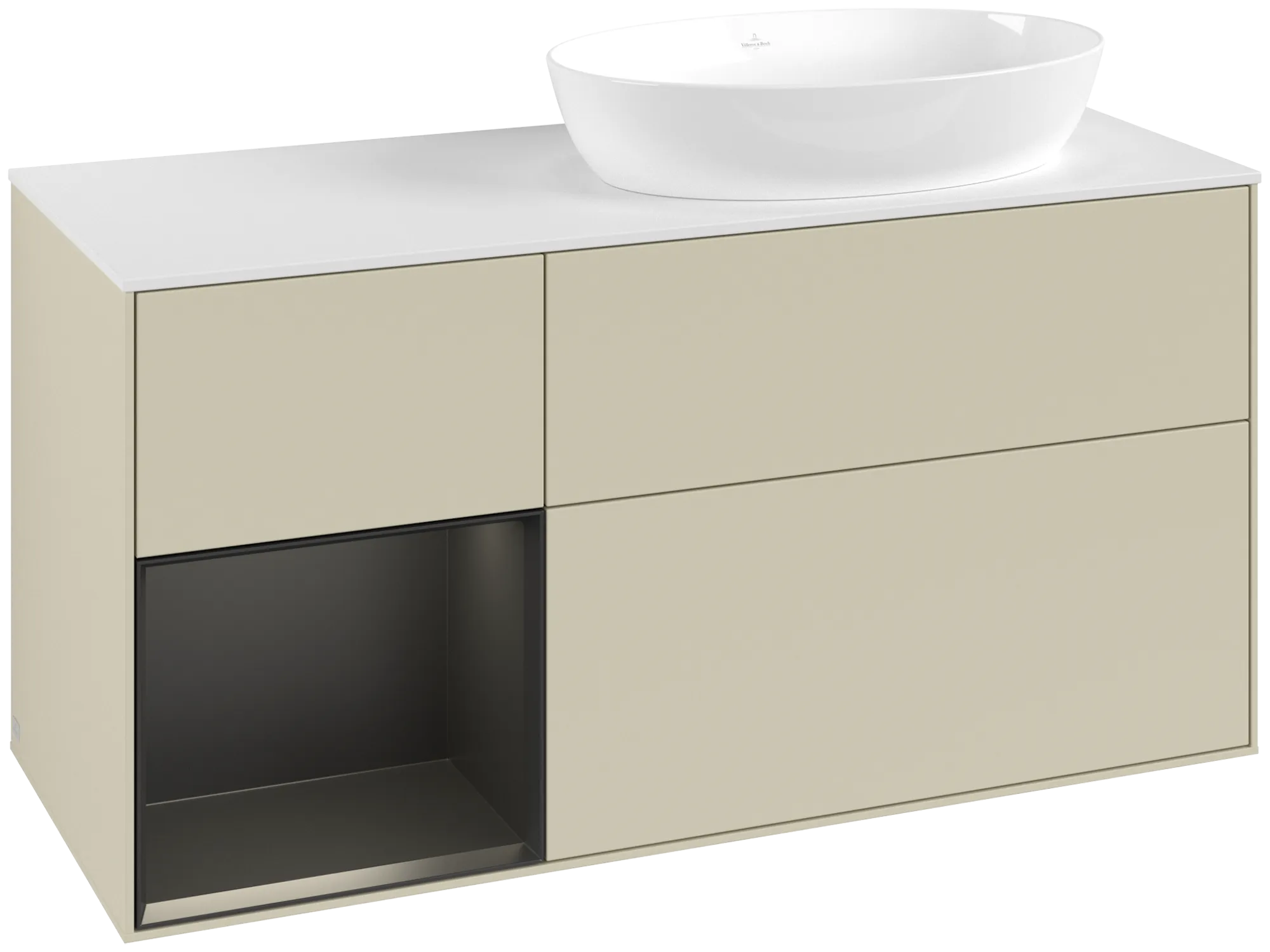 Picture of VILLEROY BOCH Finion Vanity unit, with lighting, 3 pull-out compartments, 1200 x 603 x 501 mm, Silk Grey Matt Lacquer / Black Matt Lacquer / Glass White Matt #GA41PDHJ