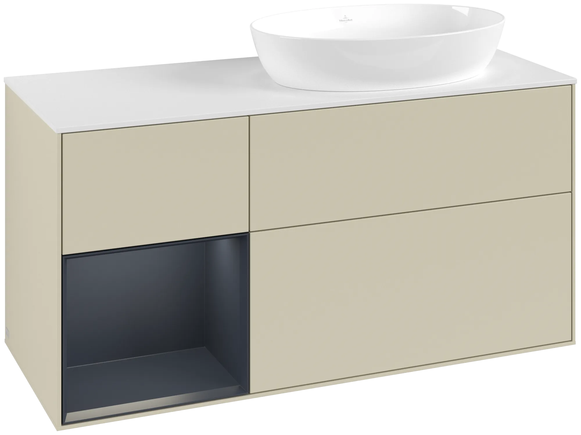 Picture of VILLEROY BOCH Finion Vanity unit, with lighting, 3 pull-out compartments, 1200 x 603 x 501 mm, Silk Grey Matt Lacquer / Midnight Blue Matt Lacquer / Glass White Matt #GA41HGHJ