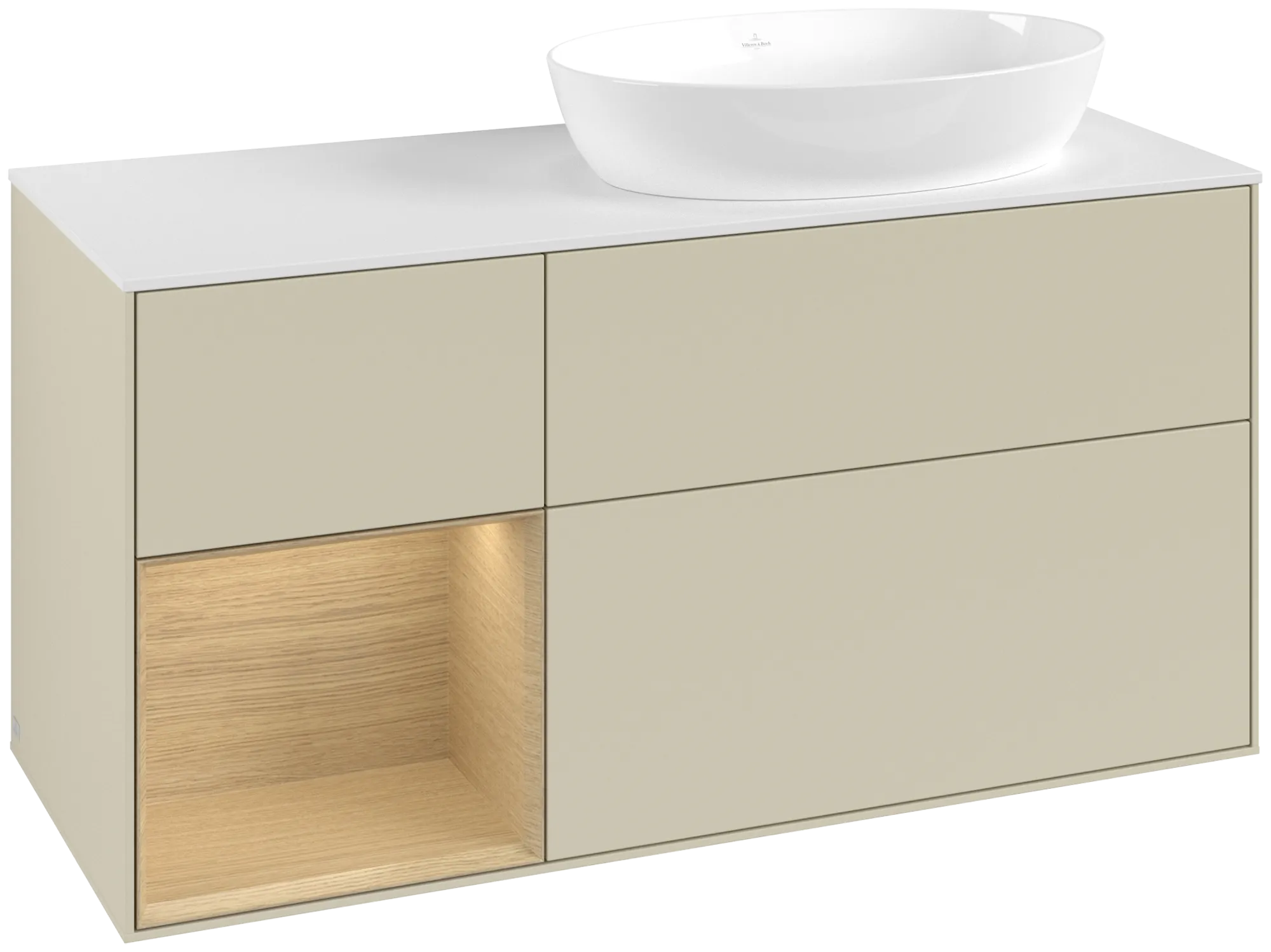 Picture of VILLEROY BOCH Finion Vanity unit, with lighting, 3 pull-out compartments, 1200 x 603 x 501 mm, Silk Grey Matt Lacquer / Oak Veneer / Glass White Matt #GA41PCHJ