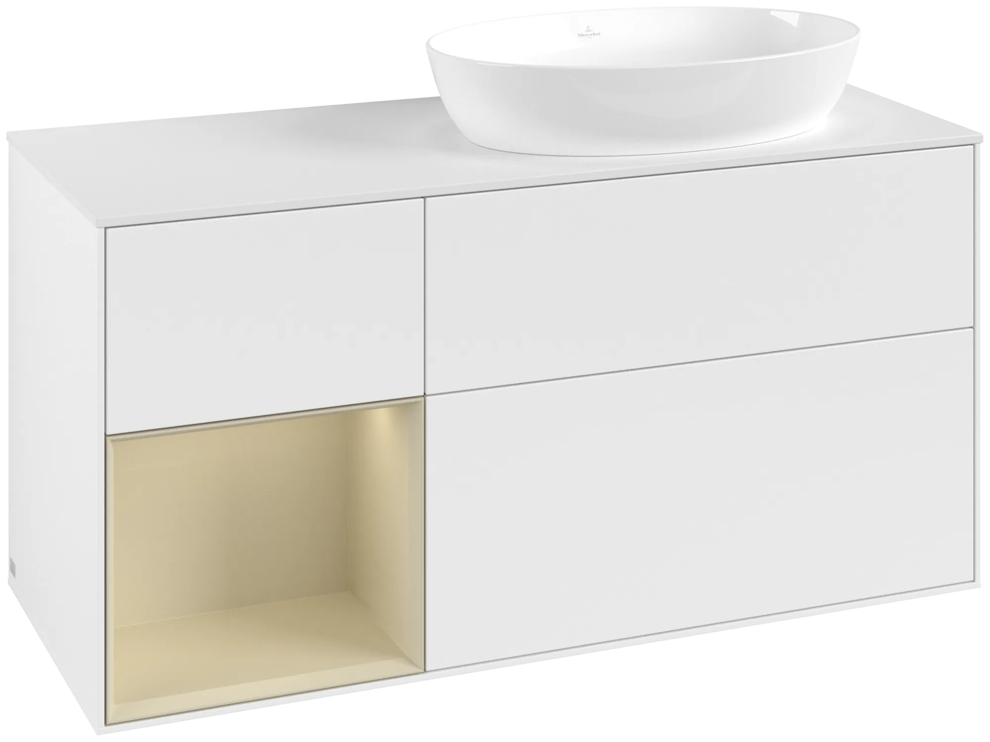 Picture of VILLEROY BOCH Finion Vanity unit, with lighting, 3 pull-out compartments, 1200 x 603 x 501 mm, White Matt Lacquer / Silk Grey Matt Lacquer / Glass White Matt #GA41HJMT