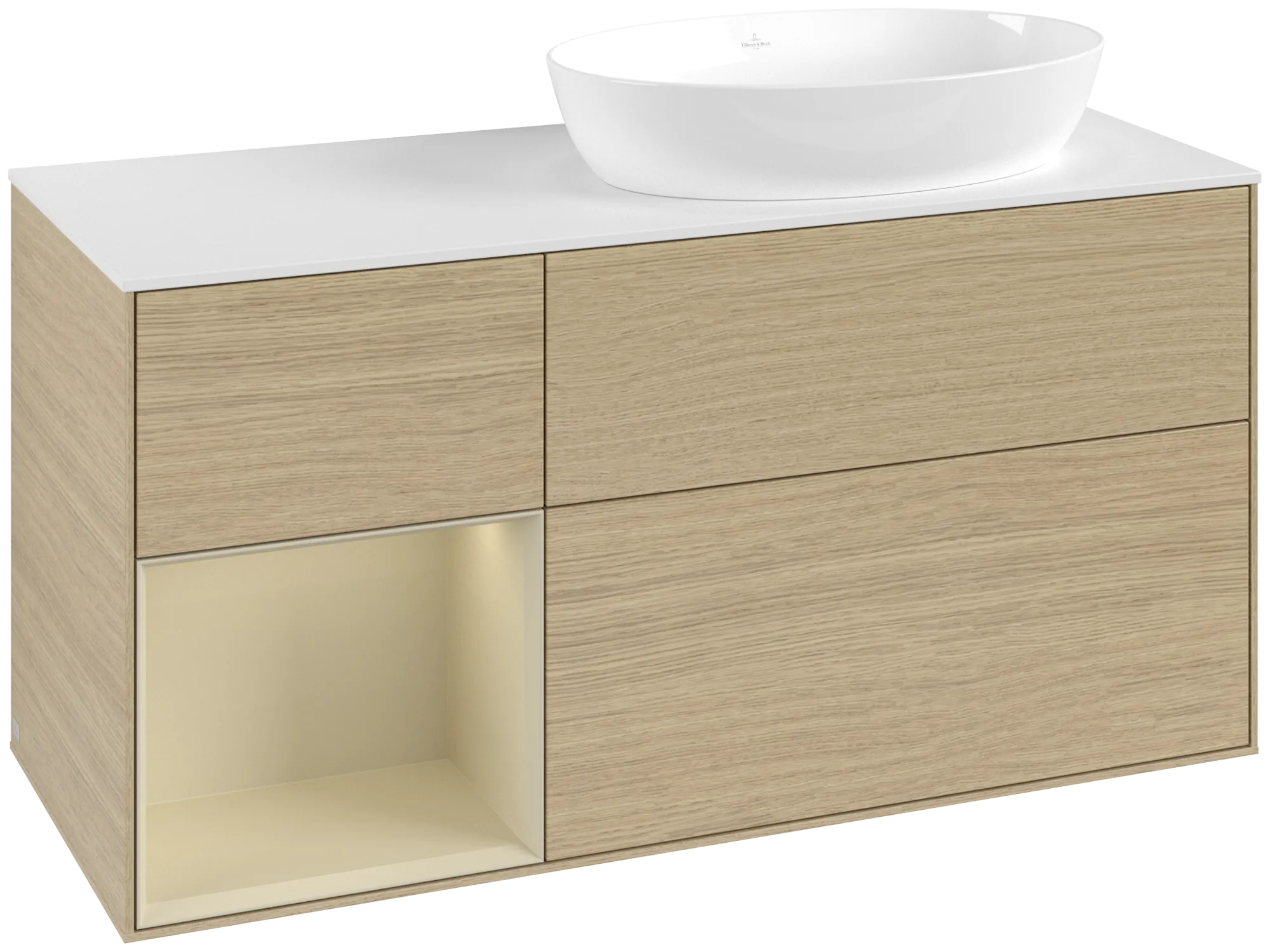 Picture of VILLEROY BOCH Finion Vanity unit, with lighting, 3 pull-out compartments, 1200 x 603 x 501 mm, Oak Veneer / Silk Grey Matt Lacquer / Glass White Matt #GA41HJPC