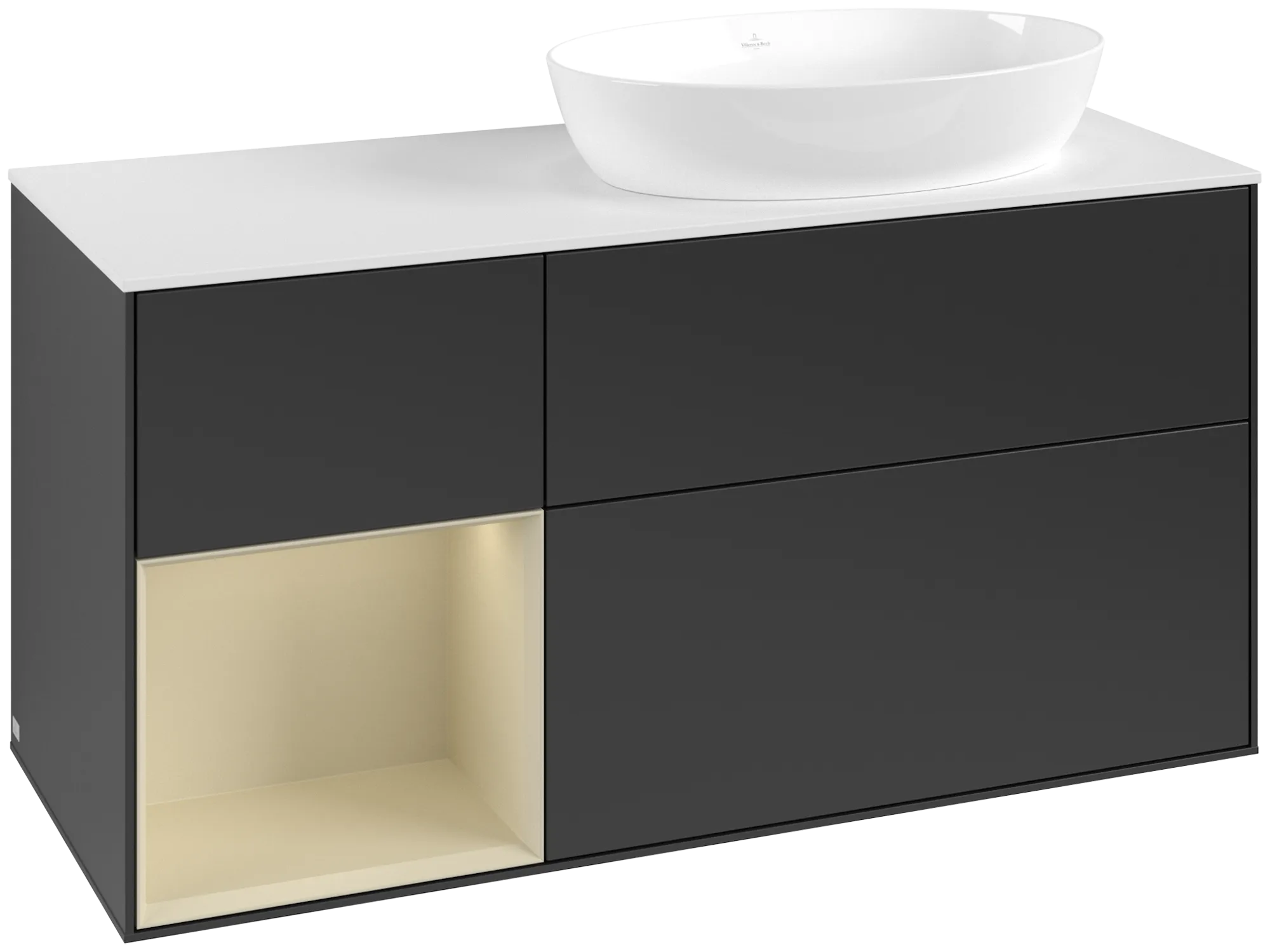 Picture of VILLEROY BOCH Finion Vanity unit, with lighting, 3 pull-out compartments, 1200 x 603 x 501 mm, Black Matt Lacquer / Silk Grey Matt Lacquer / Glass White Matt #GA41HJPD