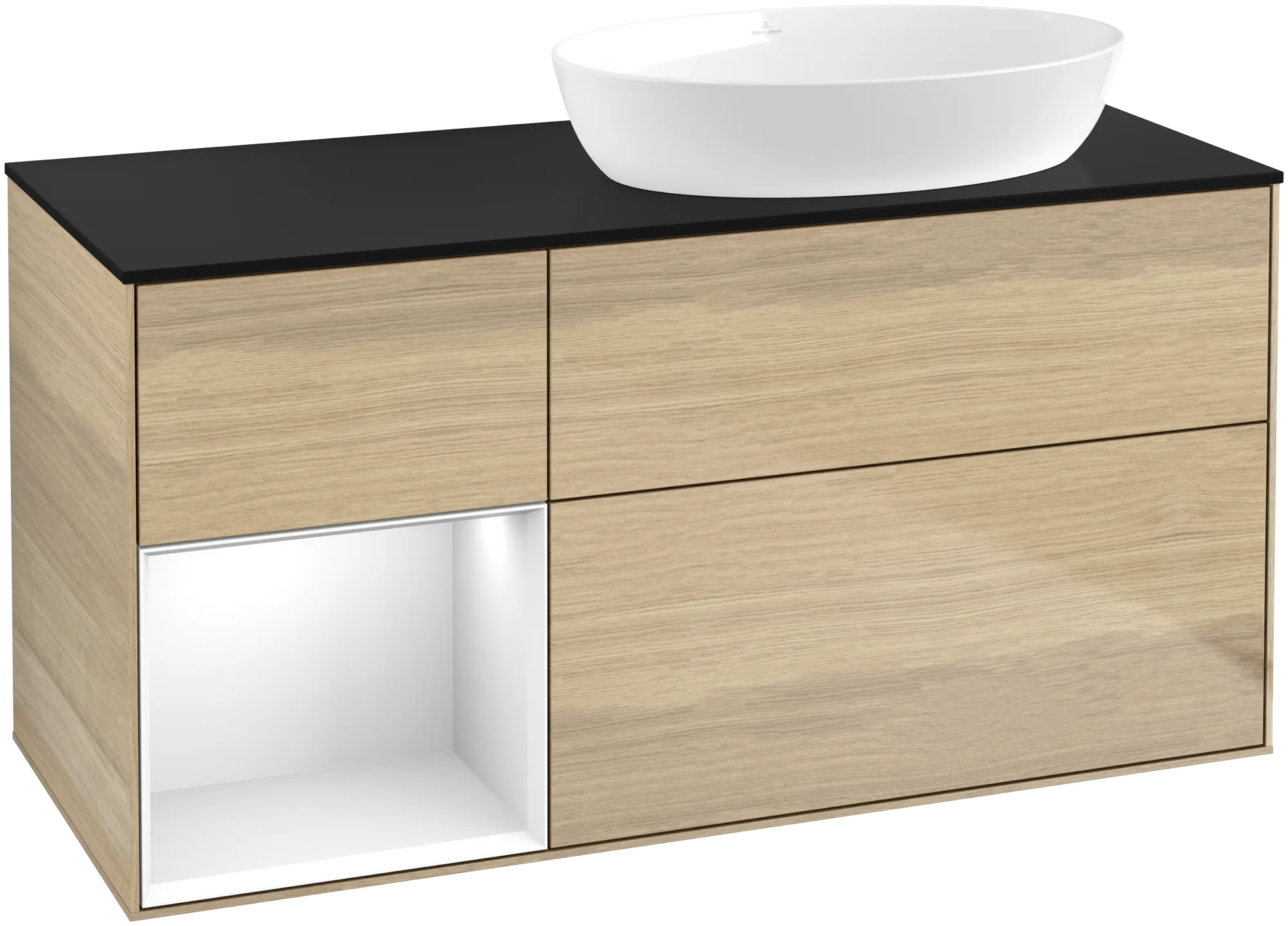 Picture of VILLEROY BOCH Finion Vanity unit, with lighting, 3 pull-out compartments, 1200 x 603 x 501 mm, Oak Veneer / Glossy White Lacquer / Glass Black Matt #GA42GFPC