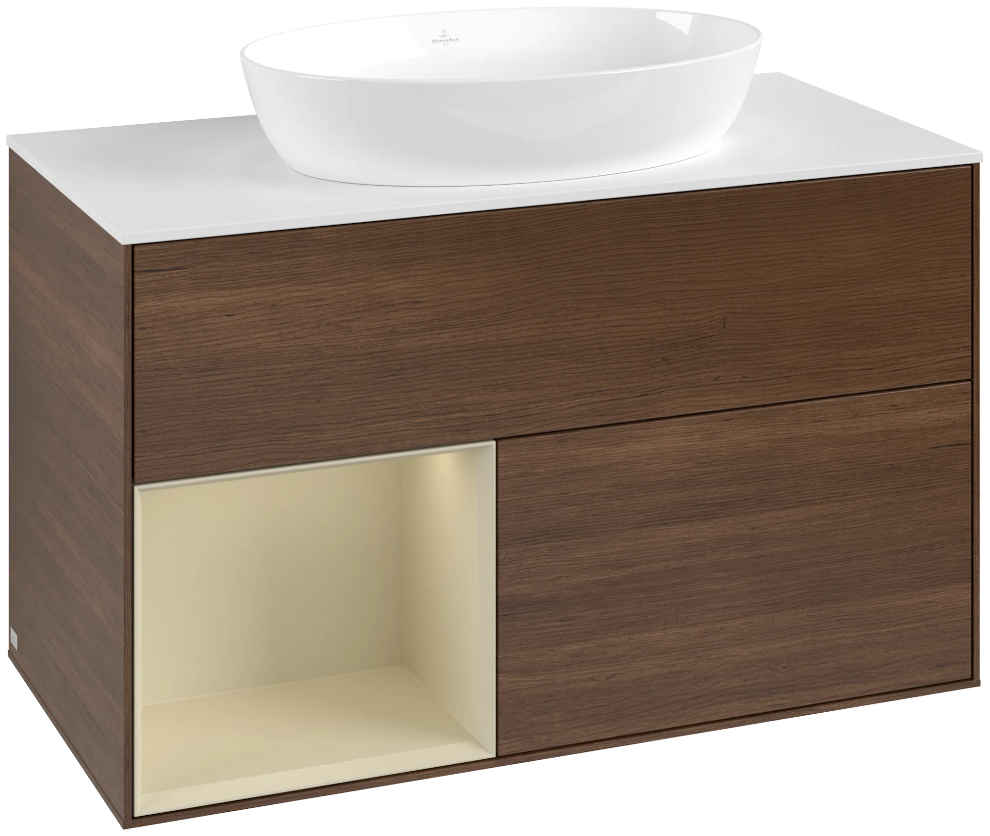 Picture of VILLEROY BOCH Finion Vanity unit, with lighting, 2 pull-out compartments, 1000 x 603 x 501 mm, Walnut Veneer / Silk Grey Matt Lacquer / Glass White Matt #GA11HJGN