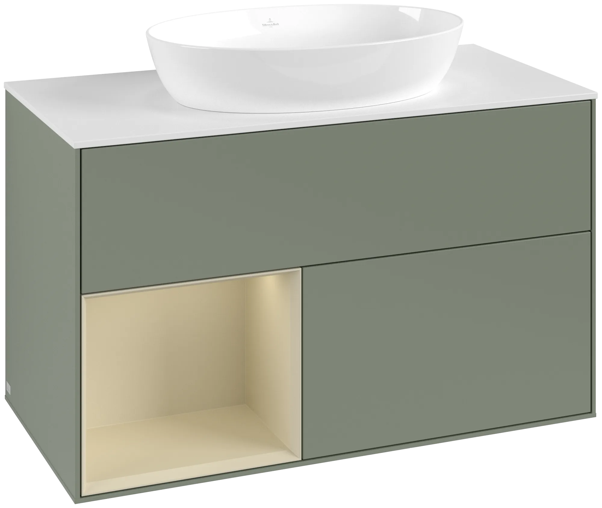 Picture of VILLEROY BOCH Finion Vanity unit, with lighting, 2 pull-out compartments, 1000 x 603 x 501 mm, Olive Matt Lacquer / Silk Grey Matt Lacquer / Glass White Matt #GA11HJGM