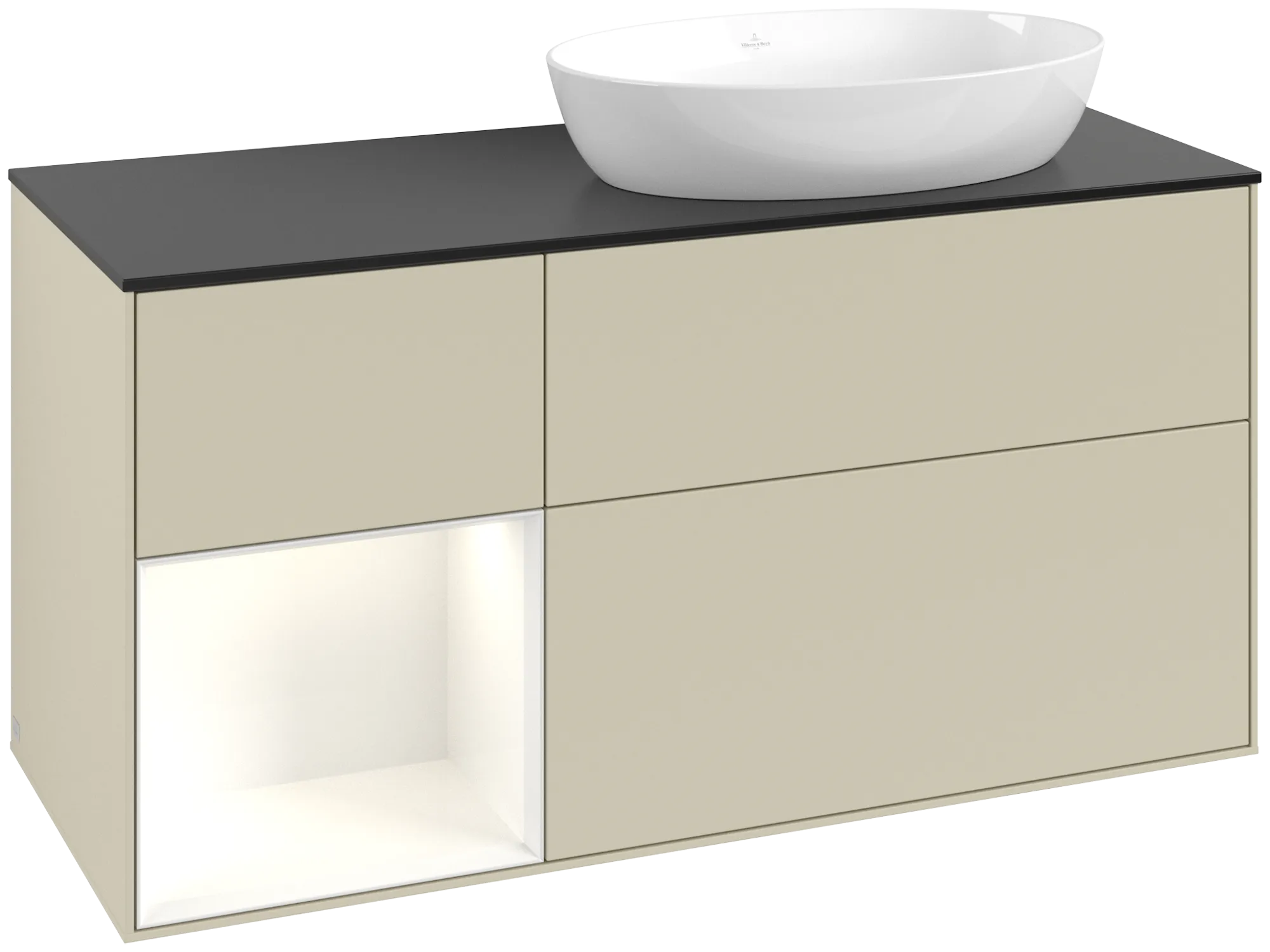 Picture of VILLEROY BOCH Finion Vanity unit, with lighting, 3 pull-out compartments, 1200 x 603 x 501 mm, Silk Grey Matt Lacquer / Glossy White Lacquer / Glass Black Matt #GA42GFHJ